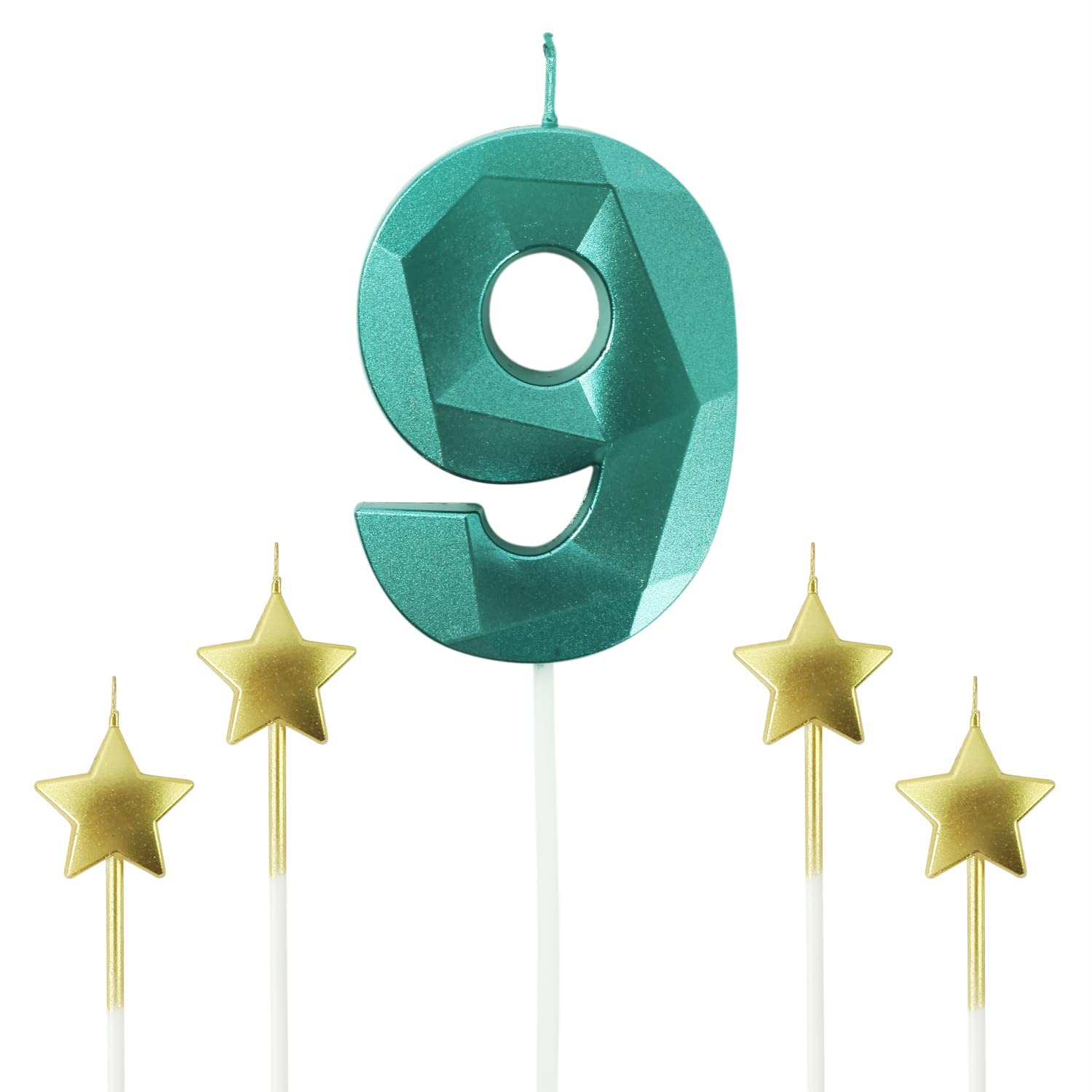 Green Number 9 & Star Birthday Candles - 2.76 Inch 3D Diamond Shaped Cake Candles for Birthday Parties, Anniversaries & Special Celebrations | Perfect for Cake Decorations & Dessert Toppings