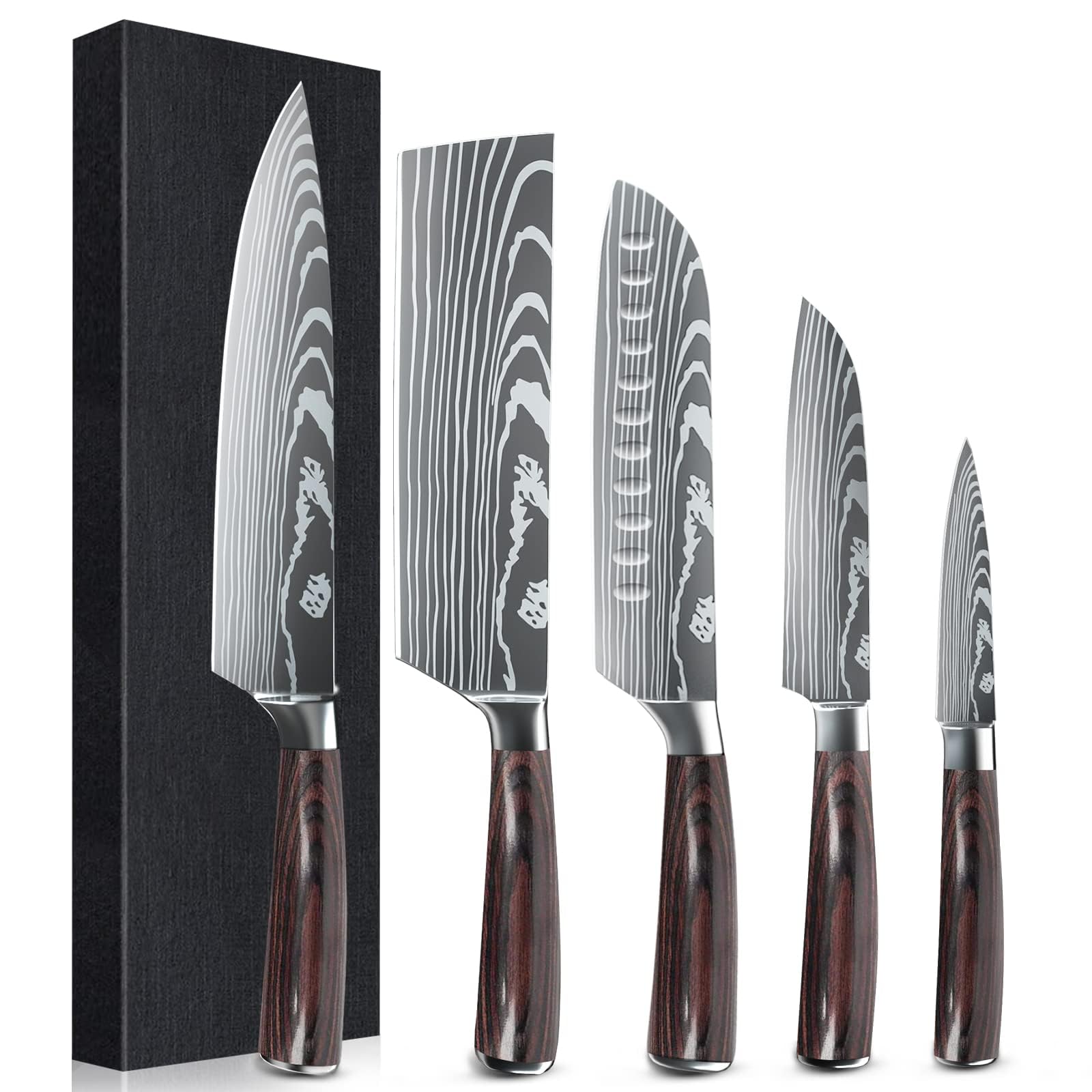 KEPEAK 5-Piece Kitchen Knife Set - High Carbon Steel Chef Knife, Santoku, Cleaver & Paring Knives with Pakkawood Handle - Perfect for Slicing Vegetables, Meat & Fruit in Home Cooking & Professional Kitchens