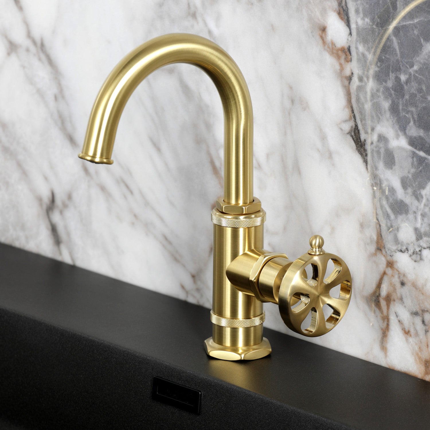 Belknap KSD2217RX Single Handle Bathroom Faucet with Deck Plate & Push Pop-Up Drain - Brushed Brass Finish for Modern Bathroom Sink Installation | Perfect for Home Renovation & Bathroom Upgrades