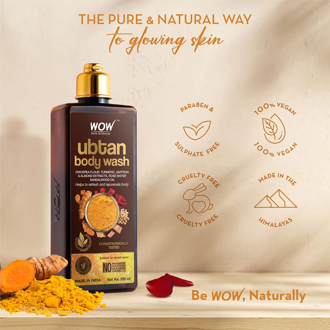 WOW Skin Science Ubtan Body Wash with Chickpea Flour, Almond Extract, Saffron & Turmeric - Natural De-Tan & Brightening Body Cleanser - Sulfate-Free, Paraben-Free, Silicone-Free - 250ml for Glowing Skin - Perfect for Daily Use & Post-Sun Care