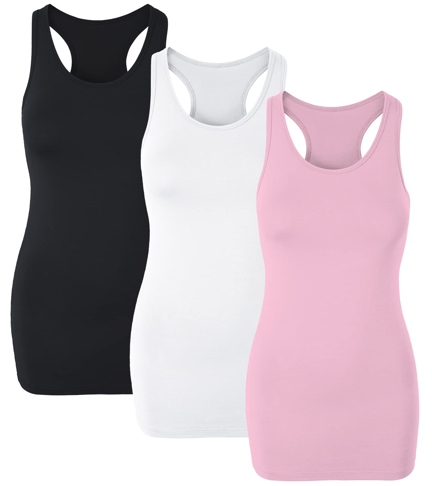 H HIAMIGOS Women's Racerback Long Tank Tops - 3 Pack Stretchy Cotton Sleeveless Workout Shirts for Gym, Yoga, Running & Casual Wear