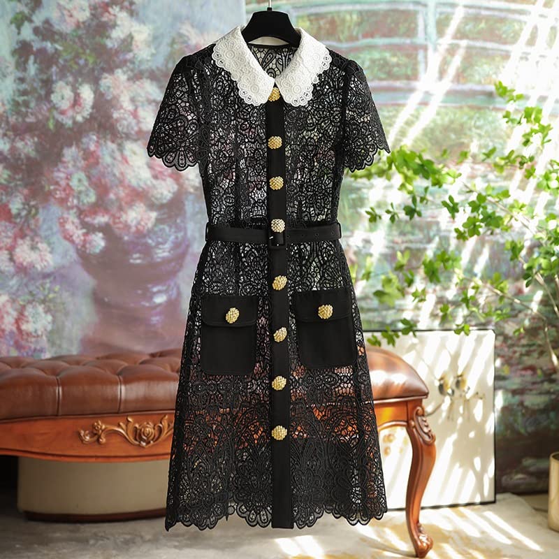 Elegant Black Lace Hollow Out Embroidery Bodycon Dress with Gold Buttons & Peter Pan Collar - Summer Short Sleeve Belted Dress for Women | Perfect for Cocktail Parties, Date Nights & Special Occasions