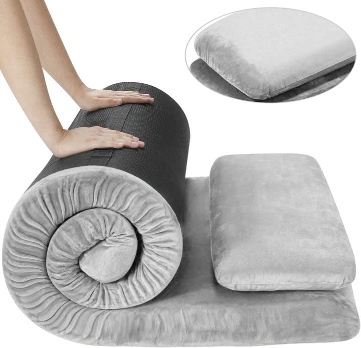 FBSPORT Memory Foam Camping Mattress Pad - Portable Roll Up Floor Sleeping Mat for Travel, Tent, Car & Outdoor Use | Comfortable Cot Mattress with Pillow | Perfect for Camping, Road Trips & Guest Beds