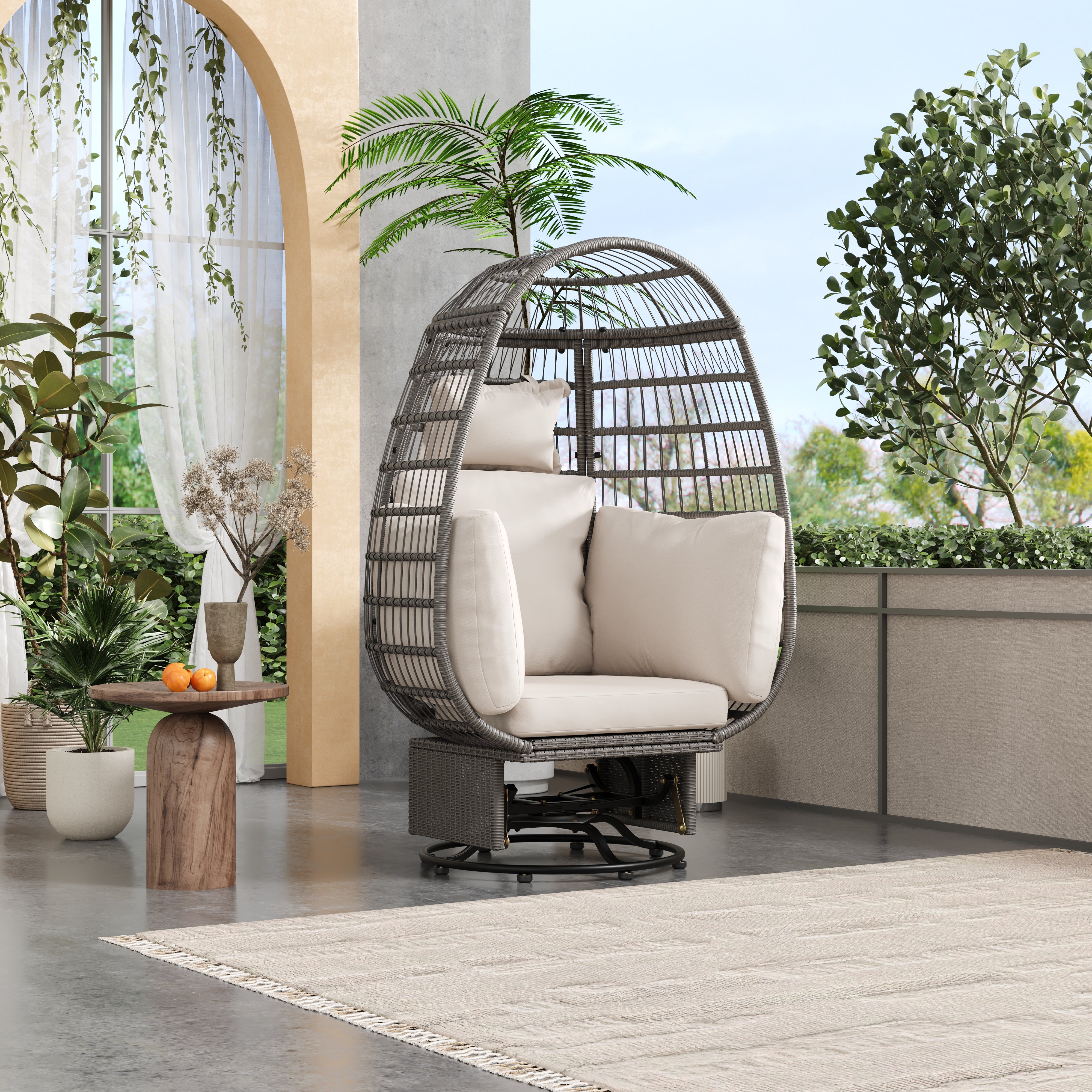Outdoor Swivel Rocking Chair with Cushions - Rattan Egg Patio Chair for Balcony, Poolside, Garden - Perfect for Relaxing, Lounging & Sunbathing