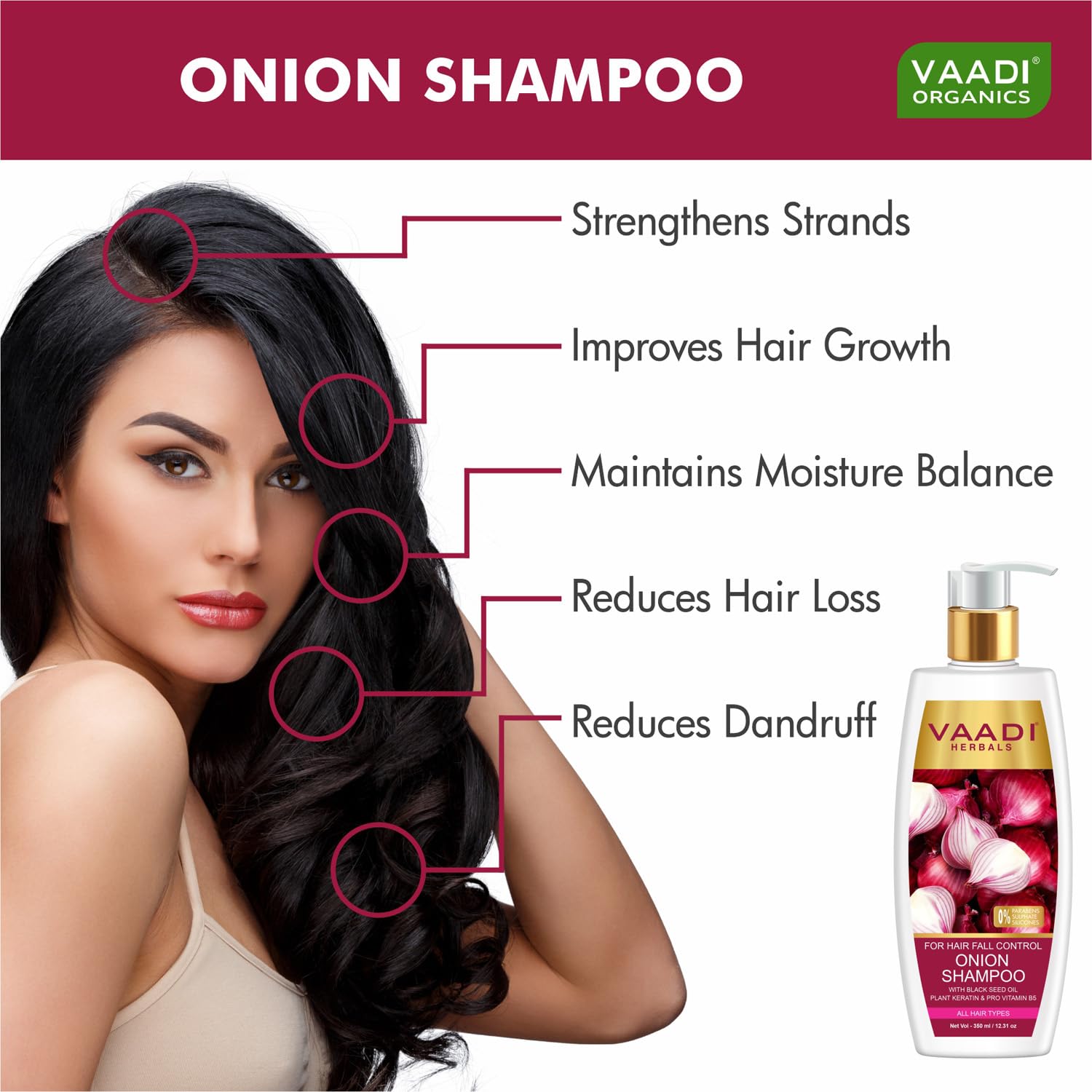 Vaadi Herbals Onion Shampoo for Hair Growth & Hair Fall Control - 350ml | Natural Hair Care Solution for Thicker, Stronger Hair | Perfect for Daily Use & Damaged Hair Repair