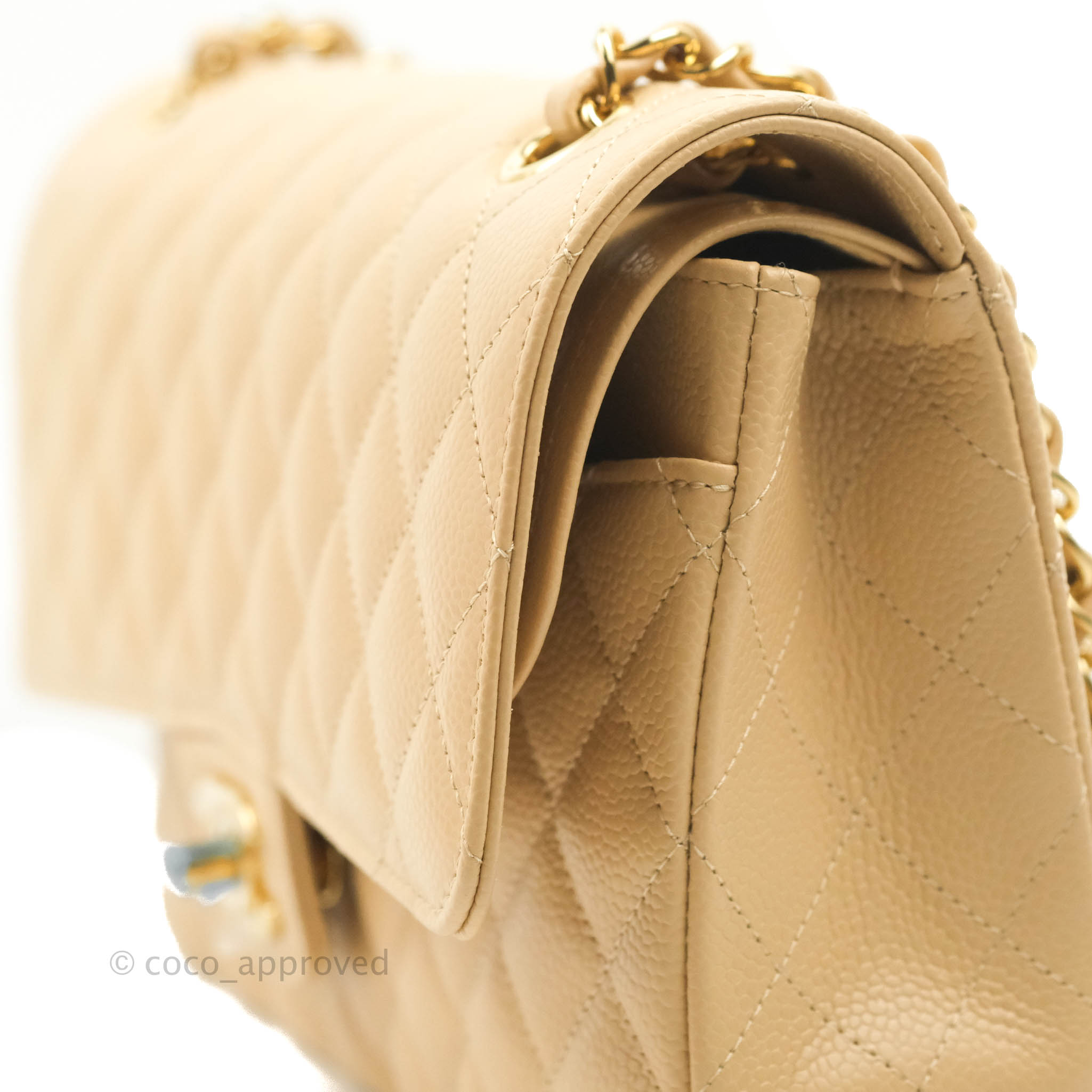 Chanel Classic M/L Medium Flap Bag Quilted Beige Caviar Leather with Gold Hardware - Luxury Handbag for Women, Perfect for Parties, Work & Everyday Use