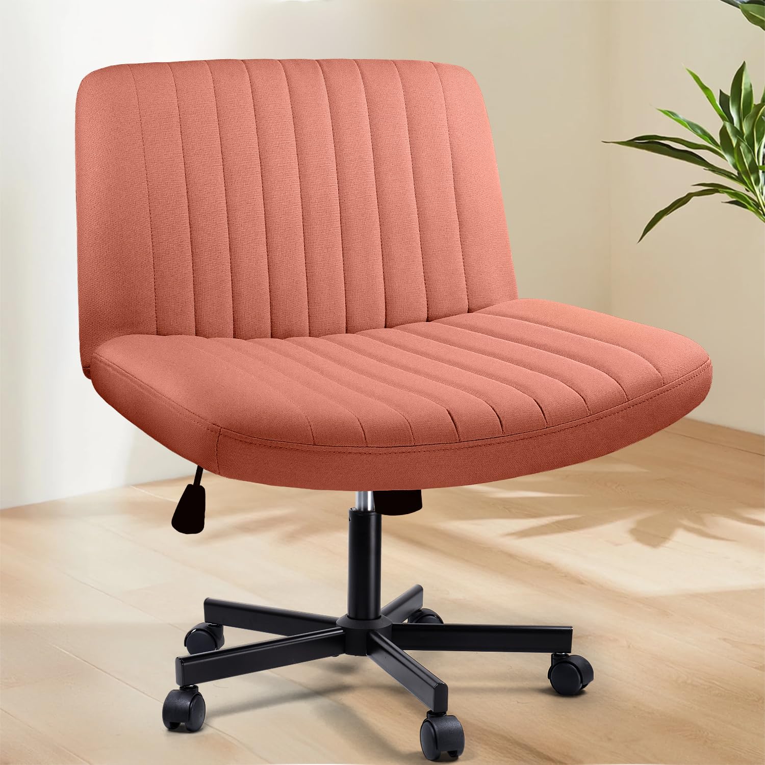 Criss Cross Chair with Wheels - Armless Cross Legged Office Vanity Chair - Comfortable Fabric Wide Swivel Desk Chair for Home Office - Adjustable Vanity Chair with Back Support - Brown - Perfect for Workstations, Makeup Tables & Small Spaces