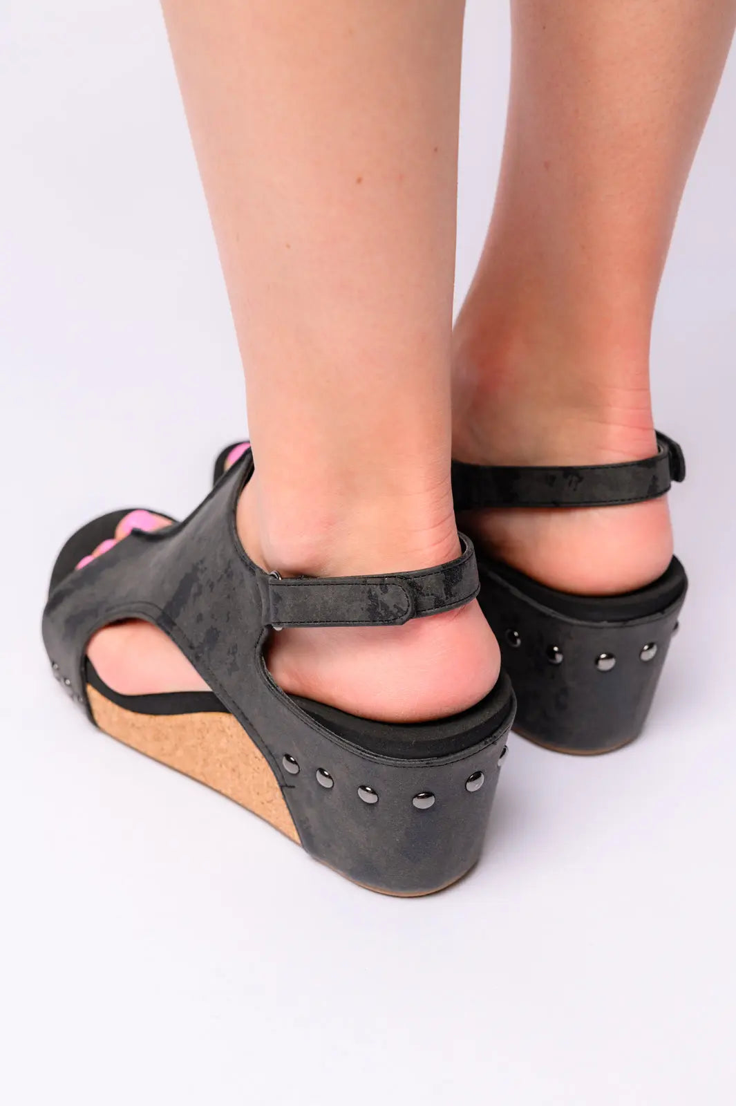 Carley Black Metallic Wedge Sandals for Women - Comfortable Summer Beach Walking Shoes for Outdoor Vacation & Casual Wear