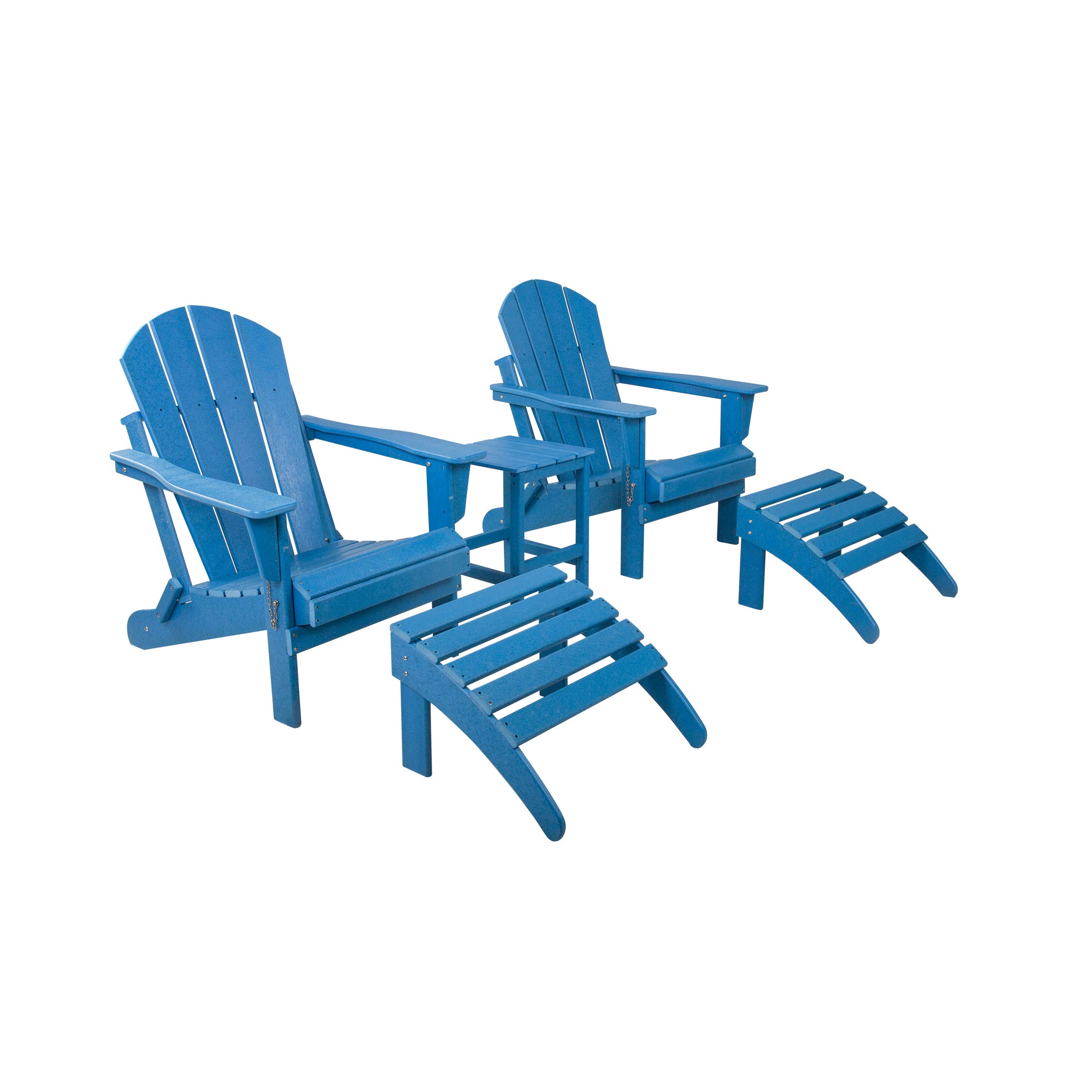 WO Home Furniture 5-Piece HDPE Adirondack Chair Set with Ottoman & Side Table - Durable Outdoor Patio Furniture for Backyard, Garden, Porch & Bonfire Gatherings (Pacific Blue) - Perfect for Relaxing, Entertaining & Outdoor Dining
