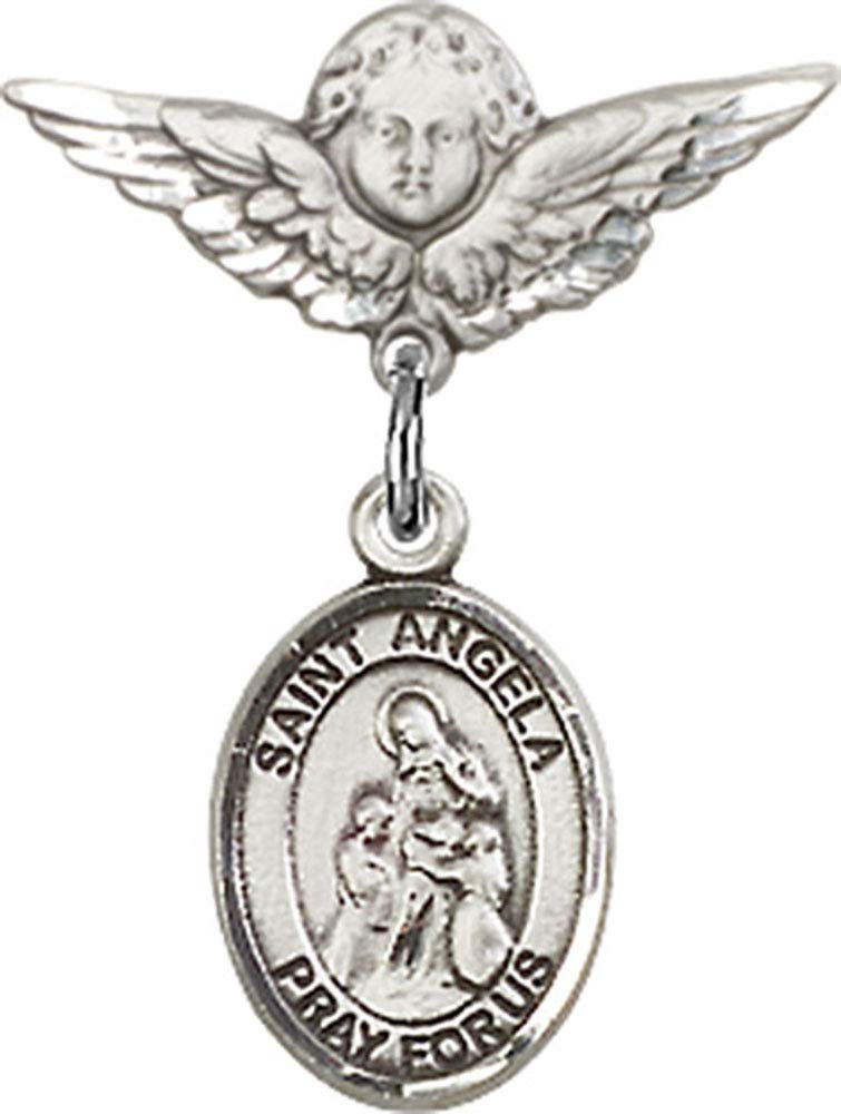 Sterling Silver Baby Badge with St. Angela Merici Charm & Angel Wing Pin - Religious Jewelry for Christening, Baptism & First Communion Gifts - Handmade in USA