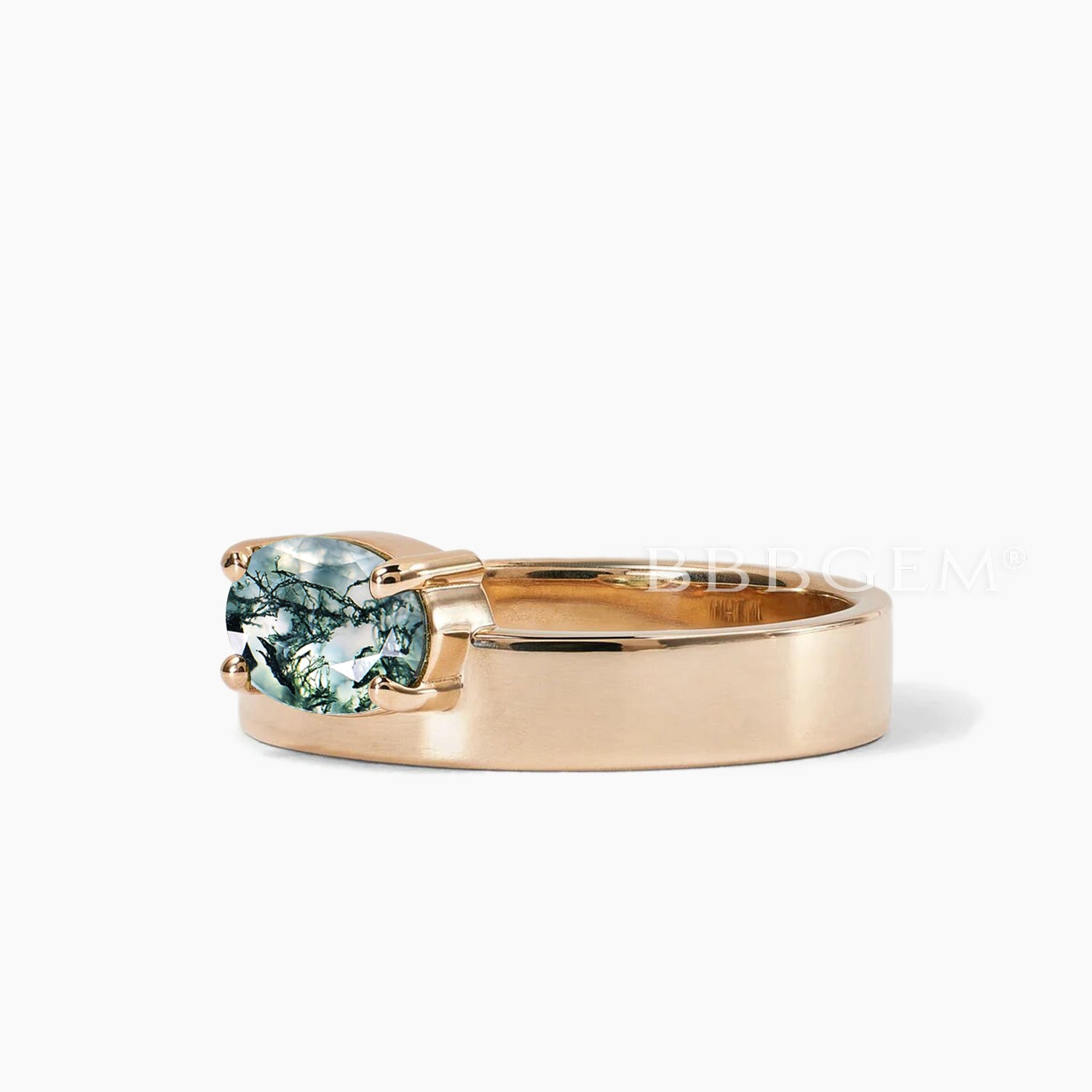 Natural Moss Agate Oval Cut Cigar Band Ring for Women - Dainty East to West Horizontal Design | Perfect for Stacking, Everyday Wear & Boho Jewelry Collection