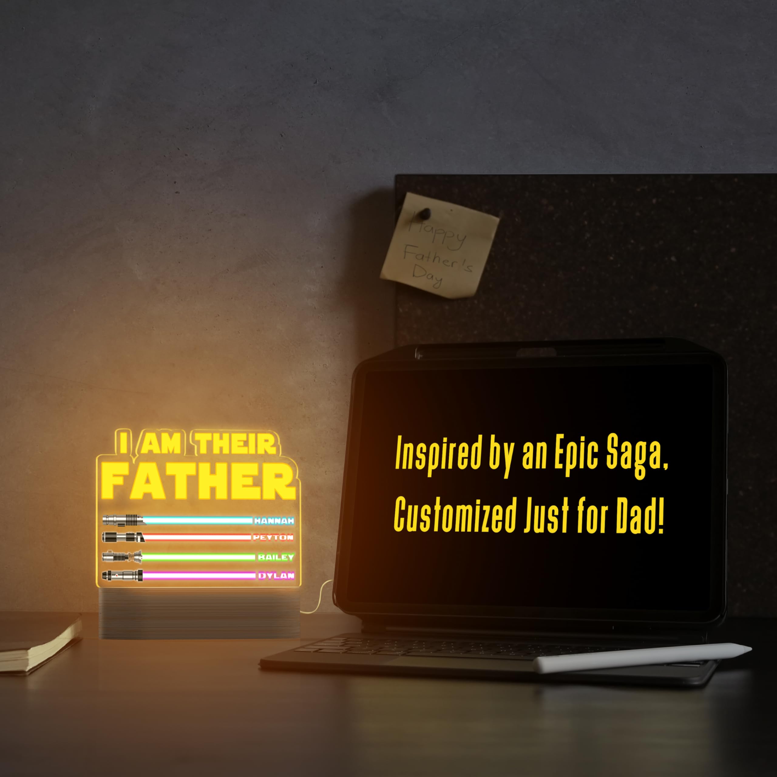 Custom 'I AM THEIR FATHER' LED Night Light - Personalized Acrylic Sign with 1-7 Kids Names - Unique Father's Day Gift for Dad from Daughter, Son or Wife - Perfect for Bedside, Office Desk & Man Cave Decor