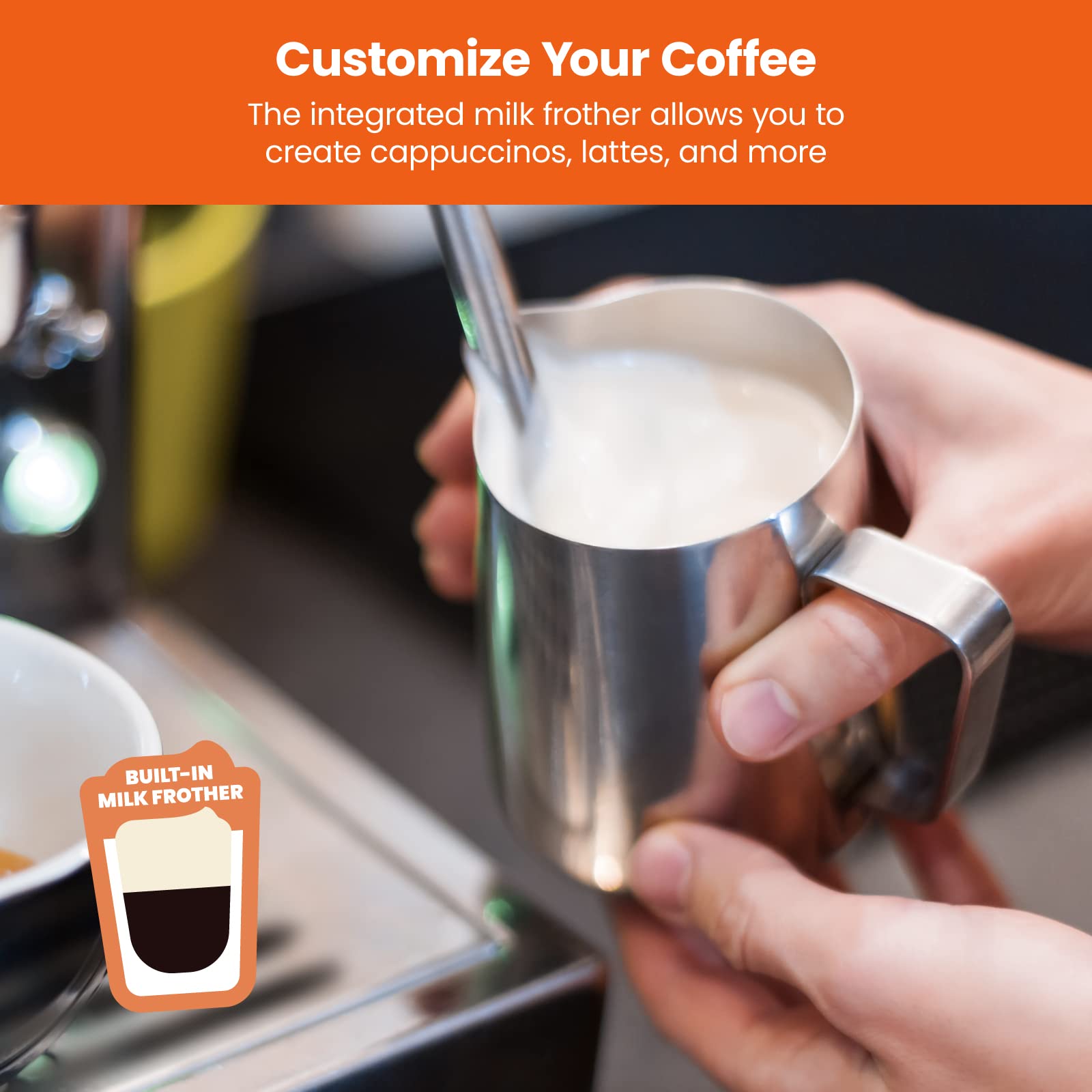Chefman 6-in-1 Espresso Machine with Milk Steamer - One-Touch Single/Double Shot Coffee Maker for Cappuccino & Latte - Built-In Stainless Steel Milk Frother - Perfect for Home Baristas & Coffee Lovers