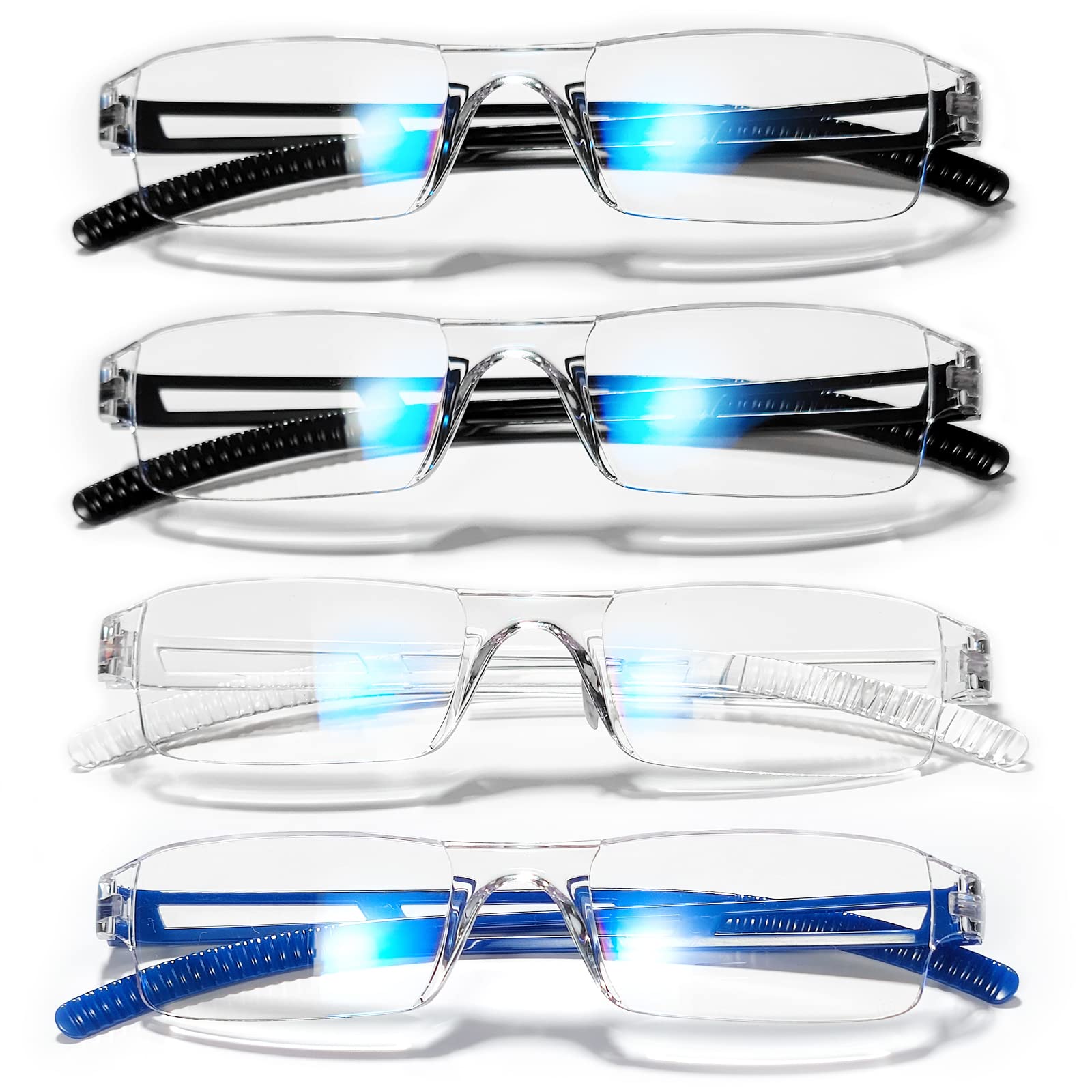 Blue Light Blocking Reading Glasses for Men - 4 Pairs Computer Glasses with Rectangle Frame (3.00 Magnification, 4 Colors) - Reduce Eye Strain for Office Work, Gaming & Screen Time