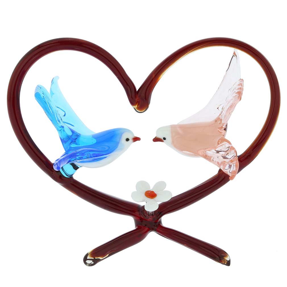 GlassOfVenice Authentic Murano Glass Birds on Red Heart - Handmade Blue & Pink Venetian Art for Home Decor | Perfect Gift for Wedding, Anniversary & Valentine's Day