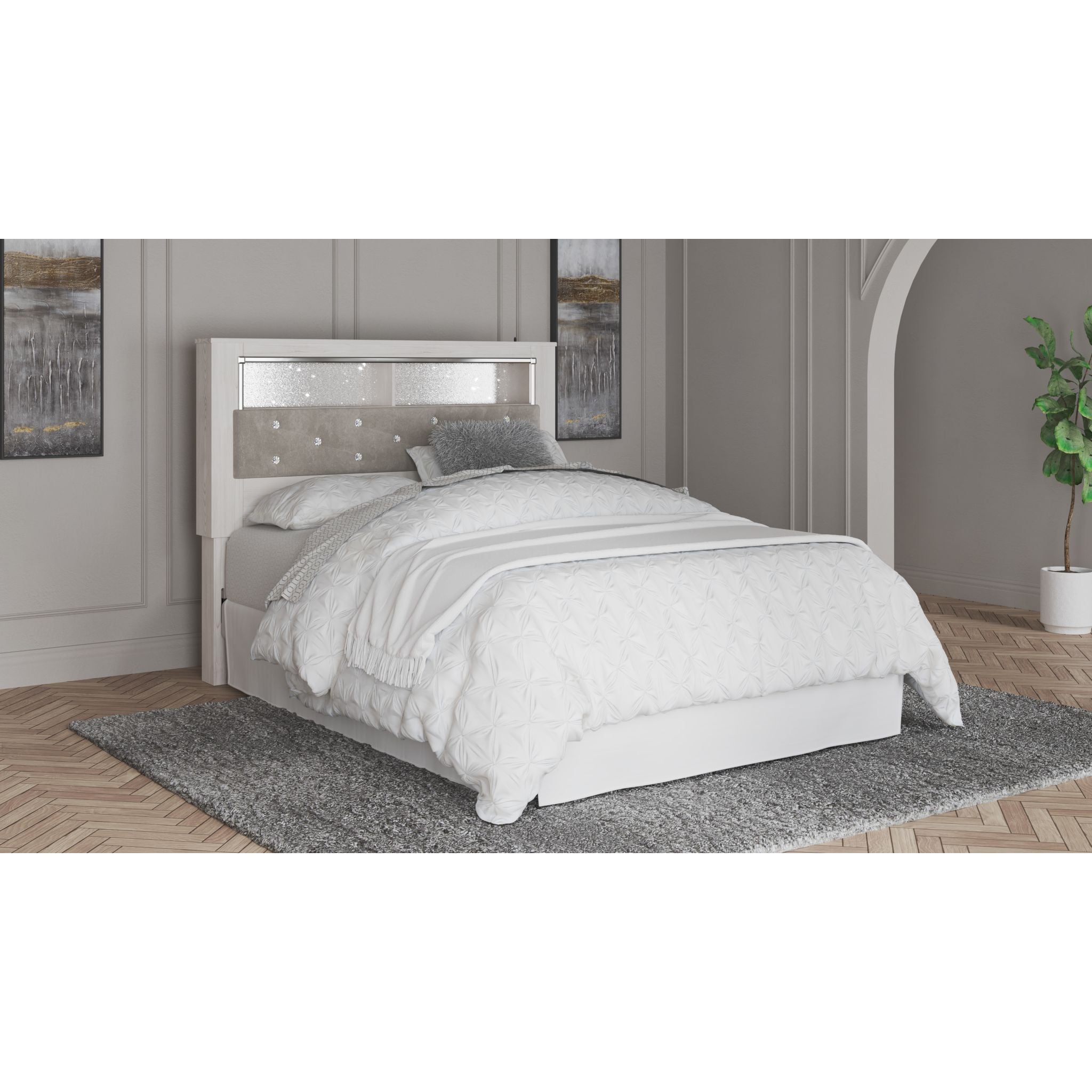 Altyra Queen Bookcase Headboard with Storage - White Wooden Bed Frame for Bedroom, Perfect for Small Spaces & Modern Home Decor
