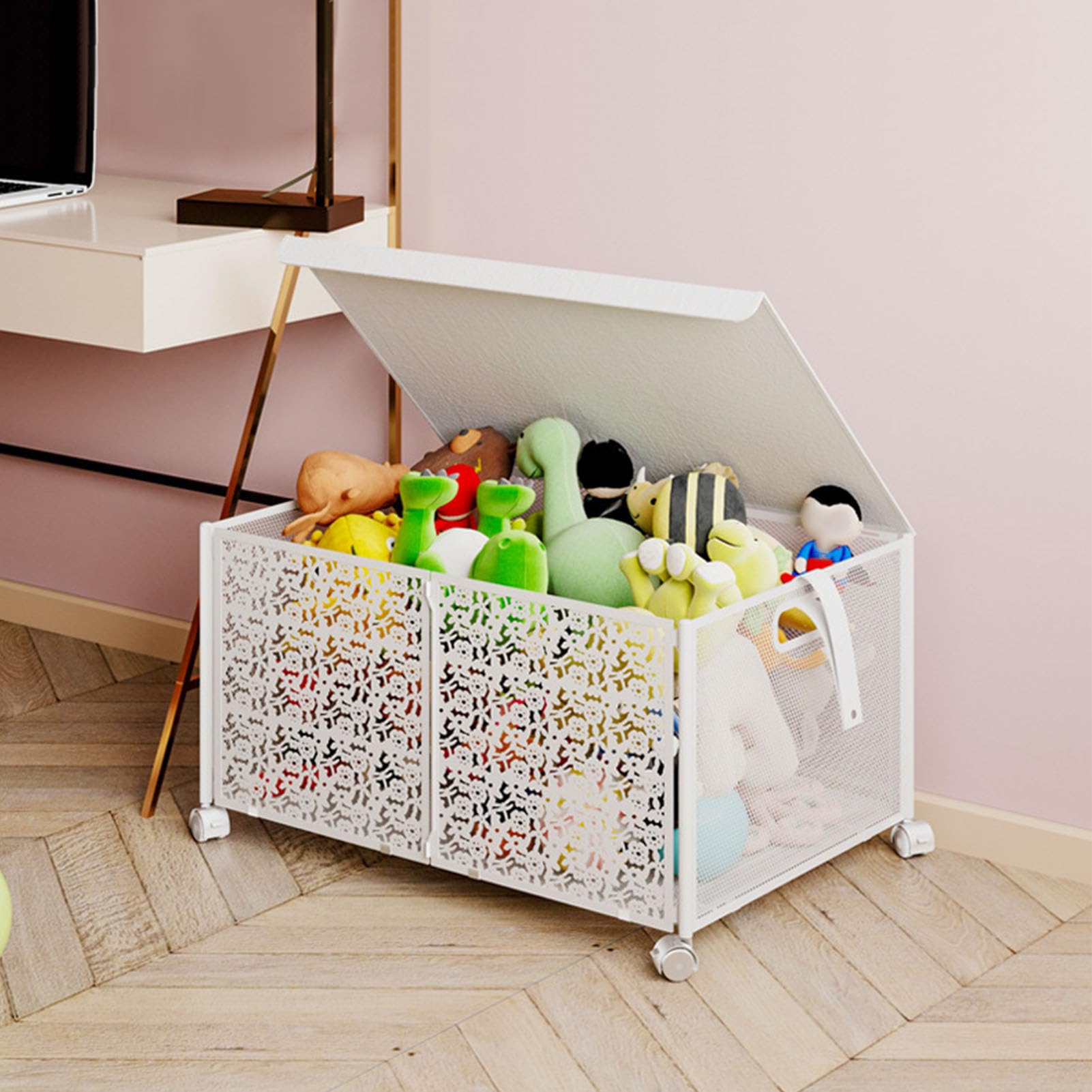 Foldable Toy Storage Box 70L Large Capacity - Dustproof Portable Metal Toy Organizer for Kids Playroom, Nursery, Living Room & Bedroom - Ideal for Organizing Toys, Books & Clothes (White)