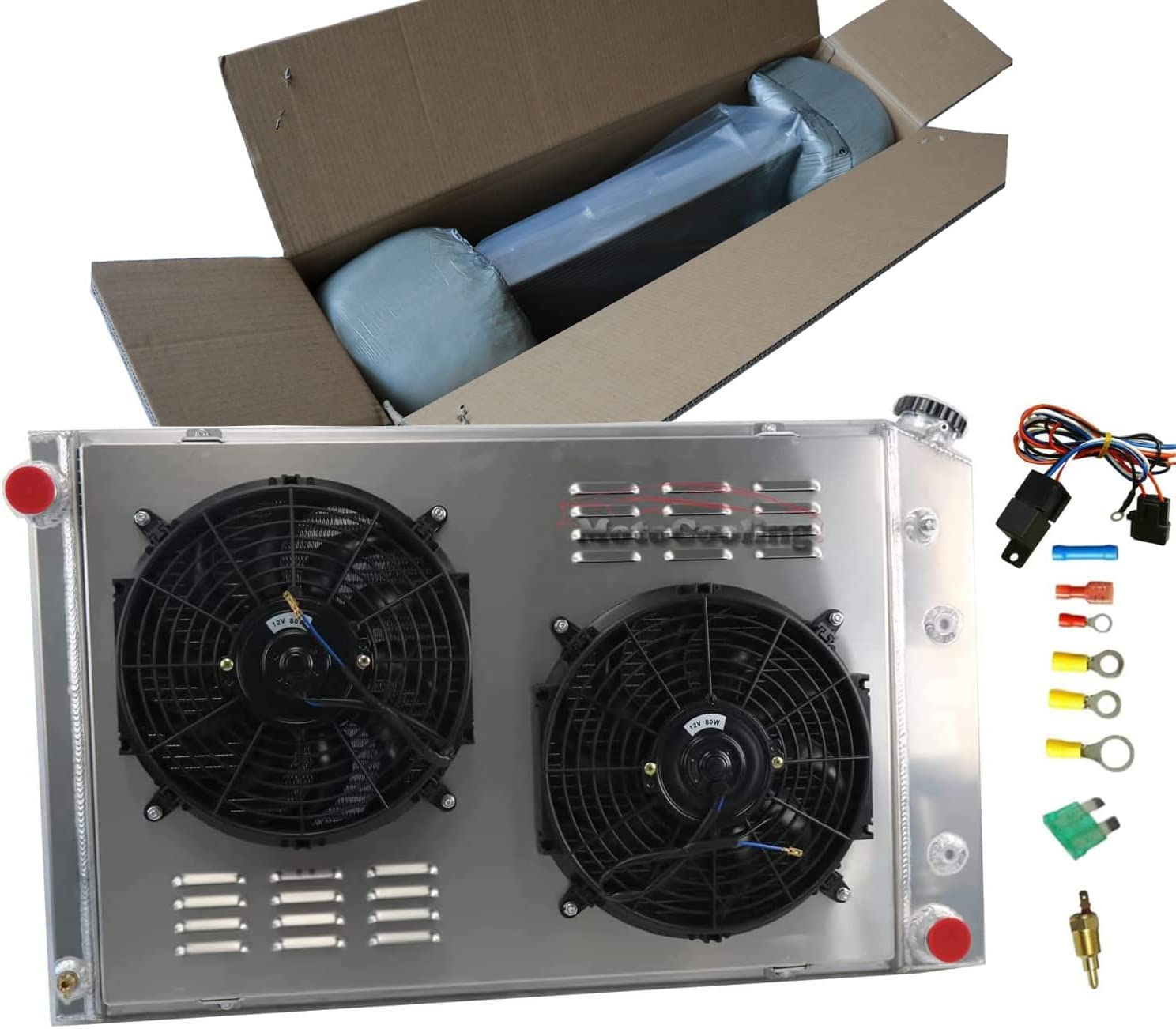 1973-1991 Chevy Blazer C10 C1500 C2500 C3500 K10 K20 K30 & GMC Jimmy Suburban Aluminum Radiator with Electric Fan Shroud Kit - 4 Row High Performance Cooling for V8 L6 Pickup Trucks - Perfect for Off-Roading, Towing & Hot Weather Driving