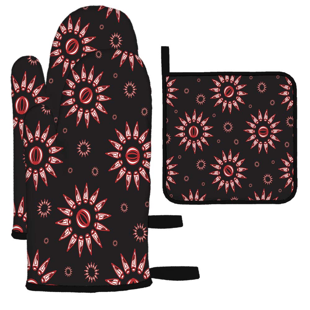 HOSNYE Sunburst Floral Oven Mitts and Pot Holders Set of 3 - Bohemian Sunflower Black Kitchen Gloves for Baking, Cooking, Grilling & BBQ - Heat Resistant Hand Protection for Home Kitchen & Outdoor Camping