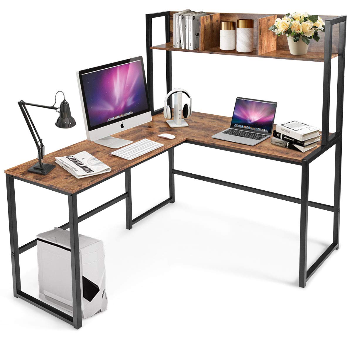 Tangkula Reversible L-Shaped Desk with Hutch - Space Saving Corner Computer Desk with Storage Shelves, Home Office Study Writing Workstation for Gaming & Work - Perfect for Small Spaces & Student Dorm Rooms