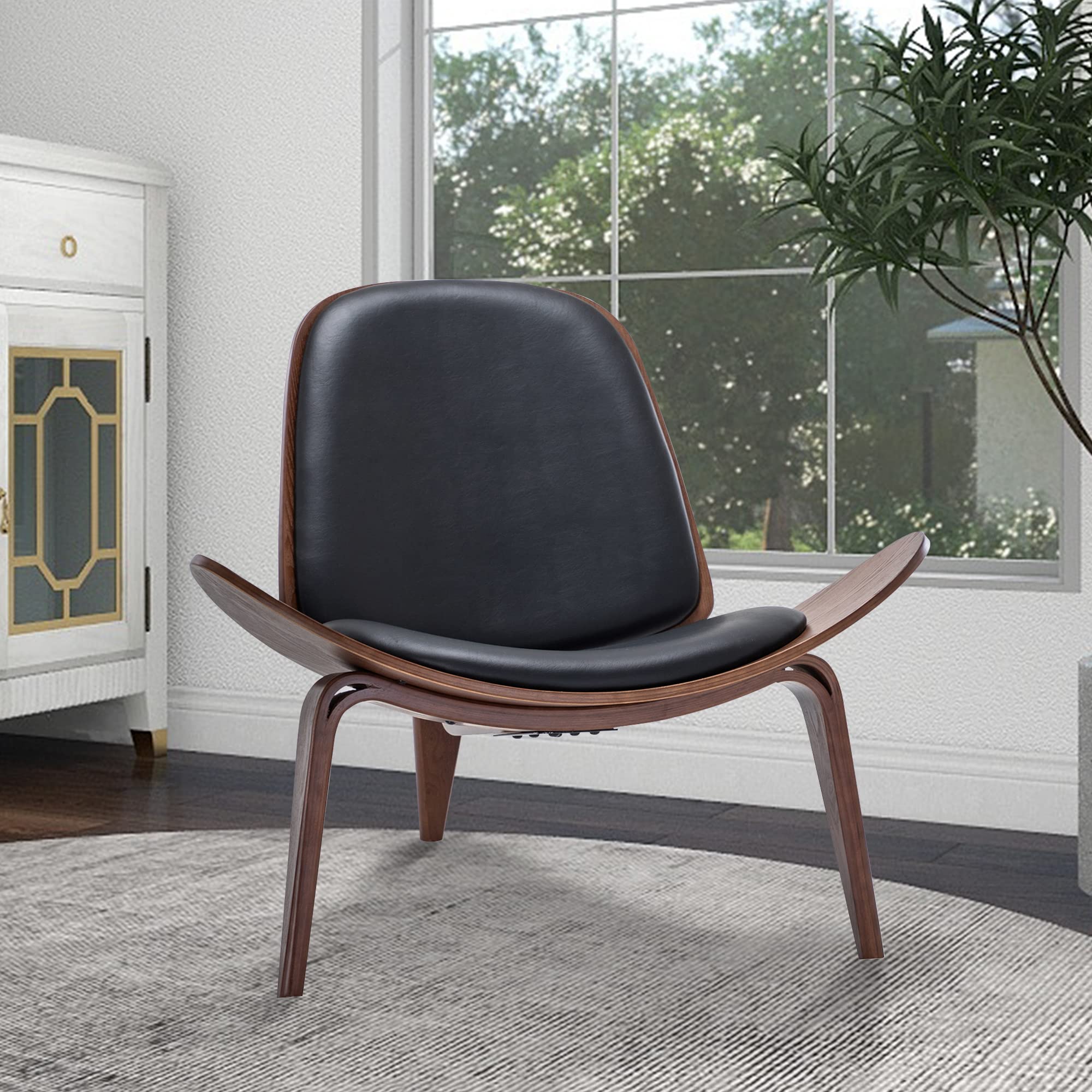 BELLEZE Mid Century Modern Shell Chair - Armless Accent Chair with Faux Leather Upholstery, Padded Seat & Solid Wood Tripod Base for Living Room, Bedroom, Office - Avalon Black Lounge Chair for Relaxing & Stylish Decor