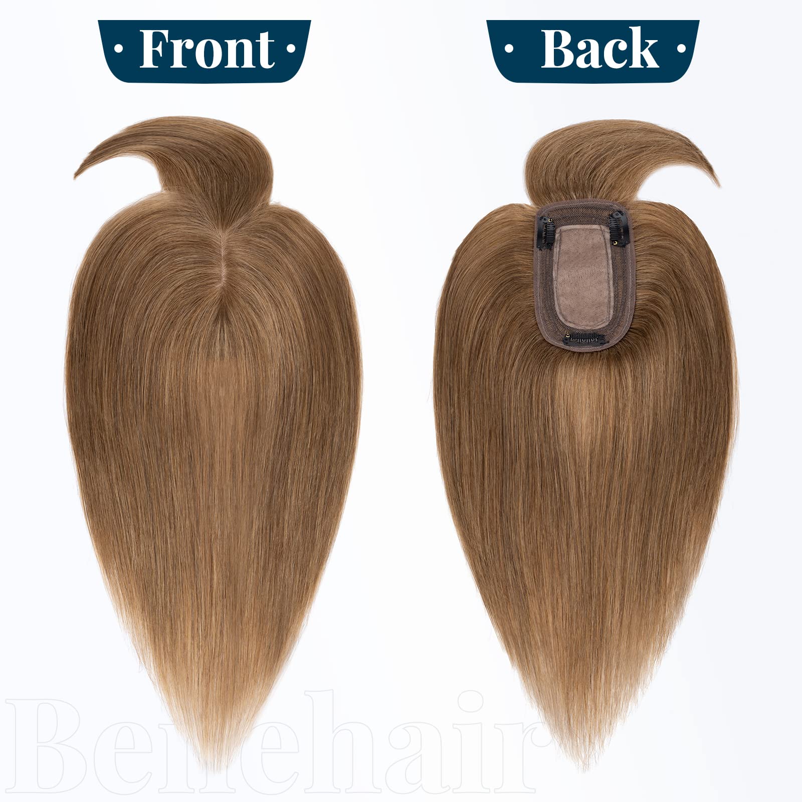 Benehair Clip-in Hair Topper with Thin Bangs | 14 Inch Human Hair Topper | Handmade Silk Base | Straight & Soft Hair Extensions for Women | Covers Hair Loss & Thinning | Light Brown #6 | Perfect for Daily Wear, Special Occasions & Confidence Boosting