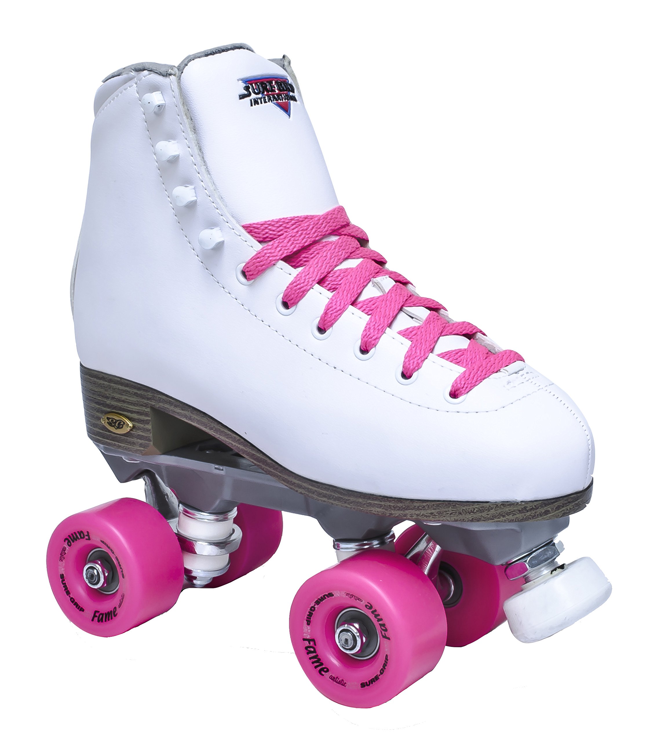 Sure-Grip White Fame Roller Skates with Pink Wheels - Women's Quad Skates for Indoor & Outdoor Roller Skating, Rink, Park, and Fitness