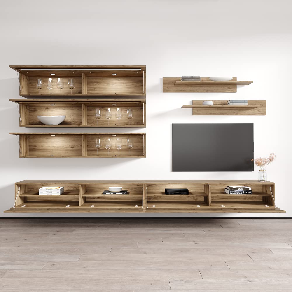 Modern Floating TV Stand with Storage & LED Lights - Wall-Mounted Entertainment Center for Bedroom & Living Room - Oak Wood TV Console with Shelves - Perfect for Small Spaces & Home Theater Setup