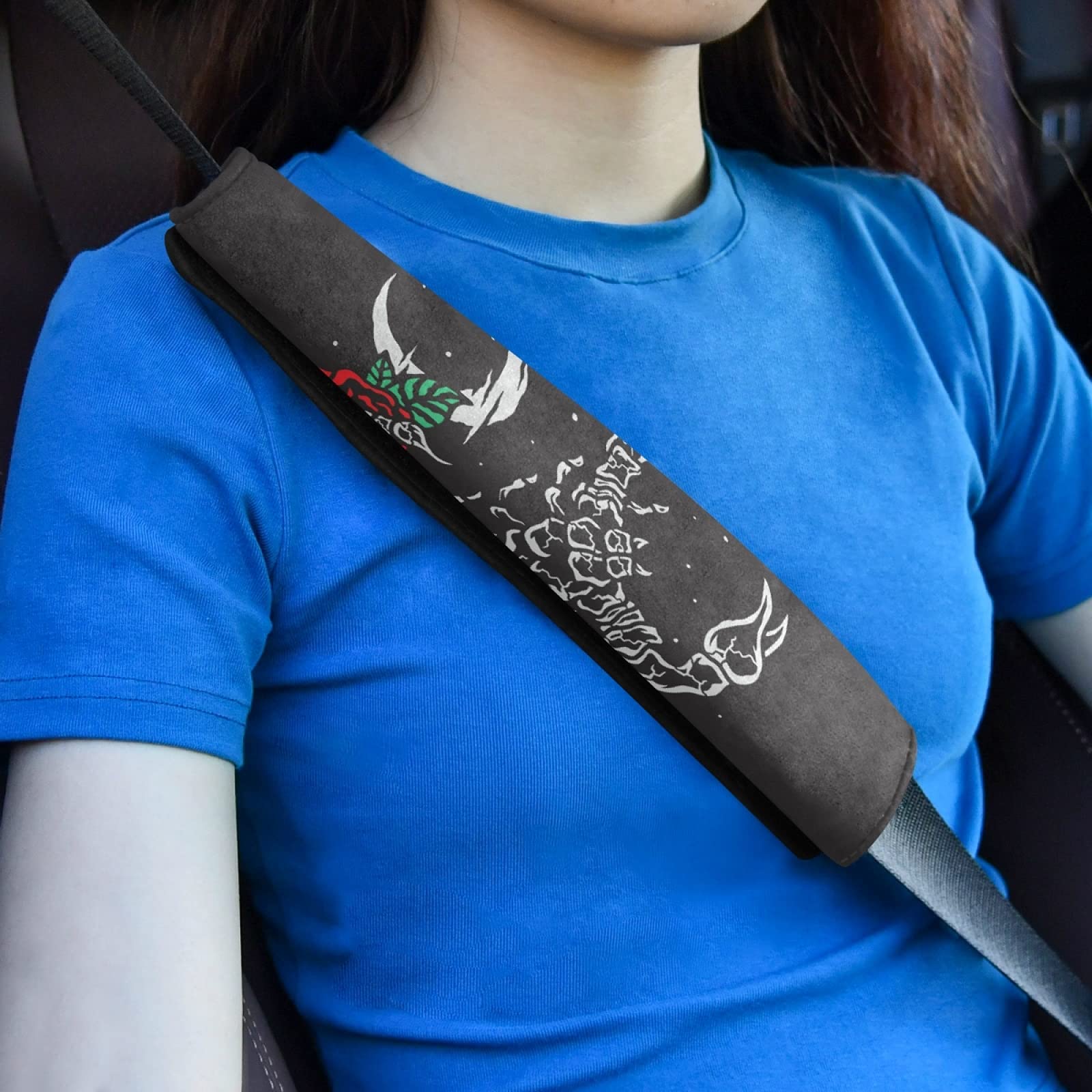 Scorpion Red Rose Flowers Crescent Moon Black Adjustable Car Seat Belt Pad Cover - Universal Shoulder Strap Cushion for Adults & Kids - Comfortable Driving Protection for Long Trips, Commuting, and Road Trips