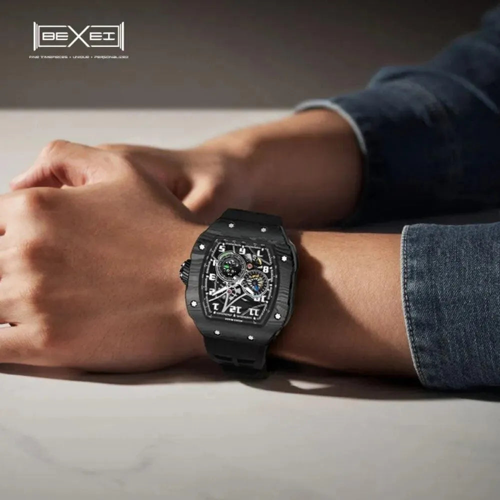 BEXEI 9088 Men's Automatic Watch - Carbon Fiber Case, Miyota 82S7 Movement, Sapphire Crystal, 50M Waterproof, Sporty Wind Design for Outdoor & Business Wear