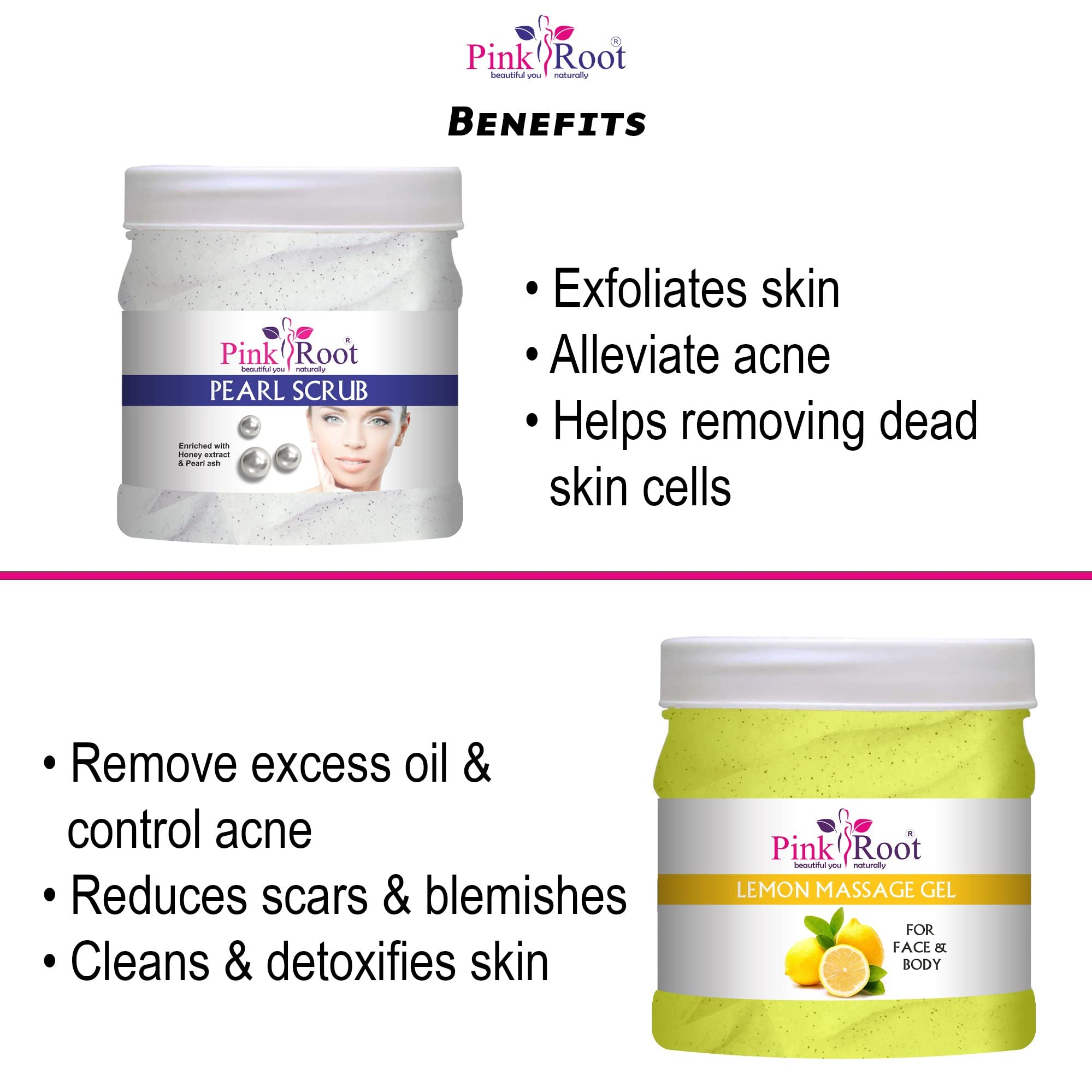 Pink Root Lemon Massage Gel & Pearl Scrub Set - 500ml Each - Exfoliating & Moisturizing Body Care for Spa, Relaxation & Skin Renewal