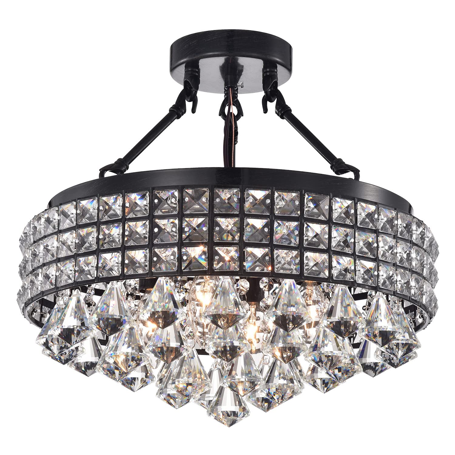 Edvivi 4-Light Brushed Black Semi Flush Mount Ceiling Fixture with Crystal Beaded Drum Shade & Hanging Crystals - Modern Glam Lighting for Dining Room, Bedroom or Entryway
