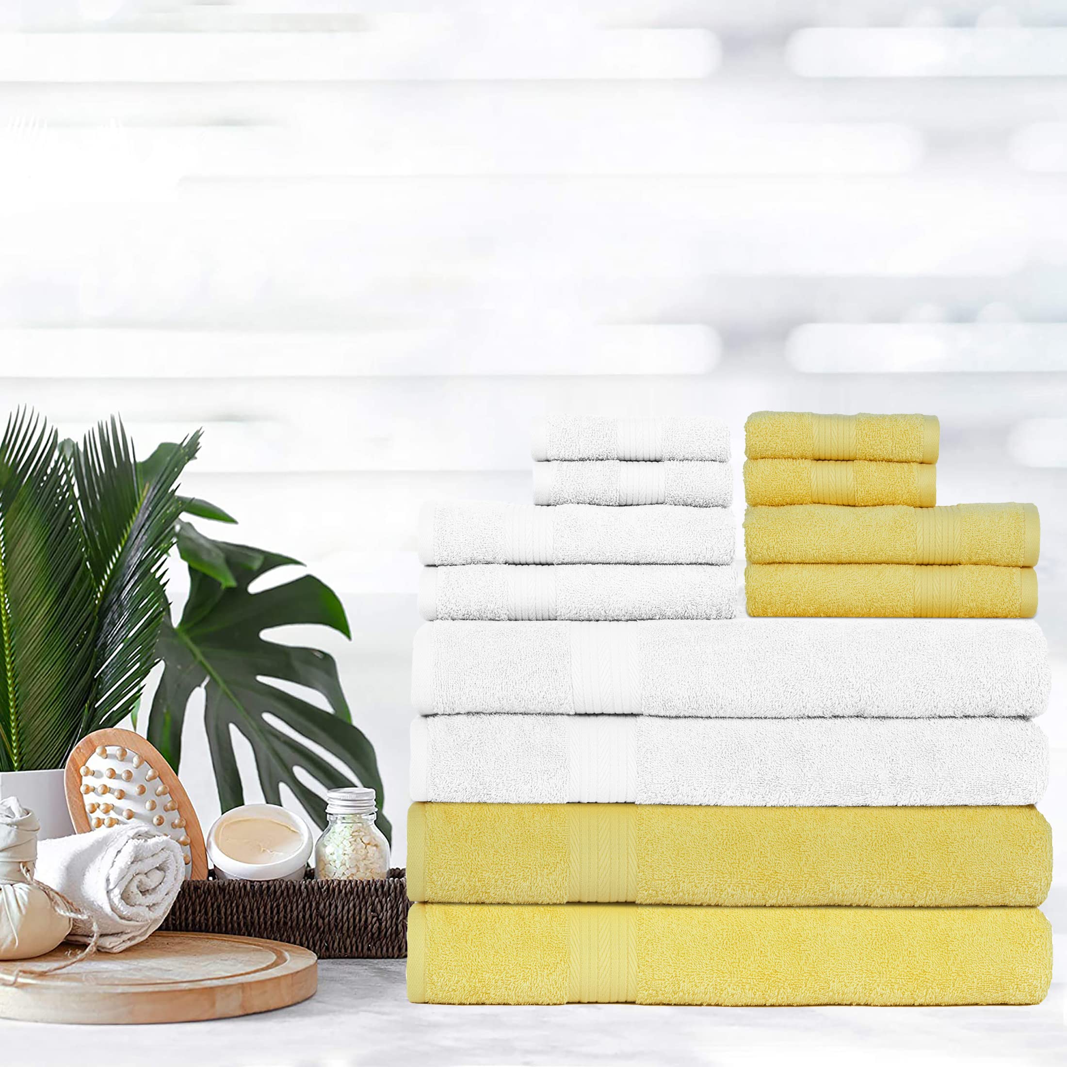 Premium 12-Piece Cotton Bath Towel Set - 600 GSM, 4 Bath Towels, 4 Hand Towels, 4 Washcloths | Ultra Absorbent & Soft | OEKO-TEX Certified | Machine Washable | White & Yellow | Perfect for Spa, Guest Bathroom & Luxury Gifts