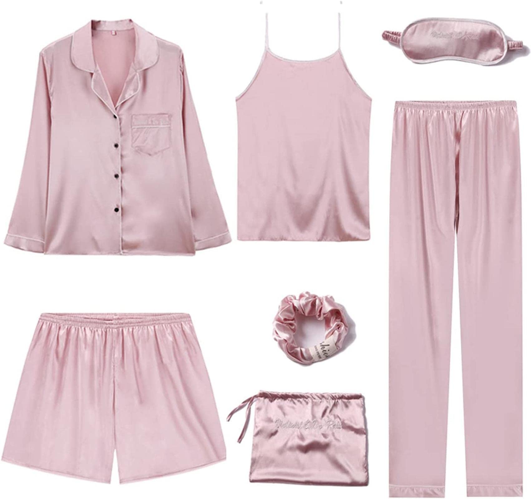 Women's 7-Piece Summer Satin Pajama Set with Suspenders - Soft Silk Sleepwear for Women - Comfortable Lounge & Home Wear - Perfect for Sleepovers, Relaxing at Home and Gift Giving