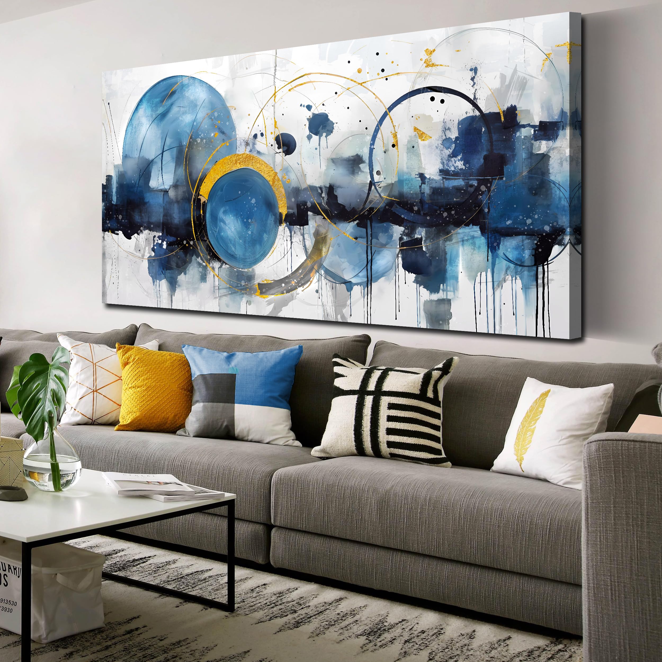 Modern Abstract Wall Art - Blue Contemporary Canvas Painting for Home & Office Decor - Ready to Hang 29x59 Inches - Perfect for Living Room, Bedroom & Teen Room Aesthetic
