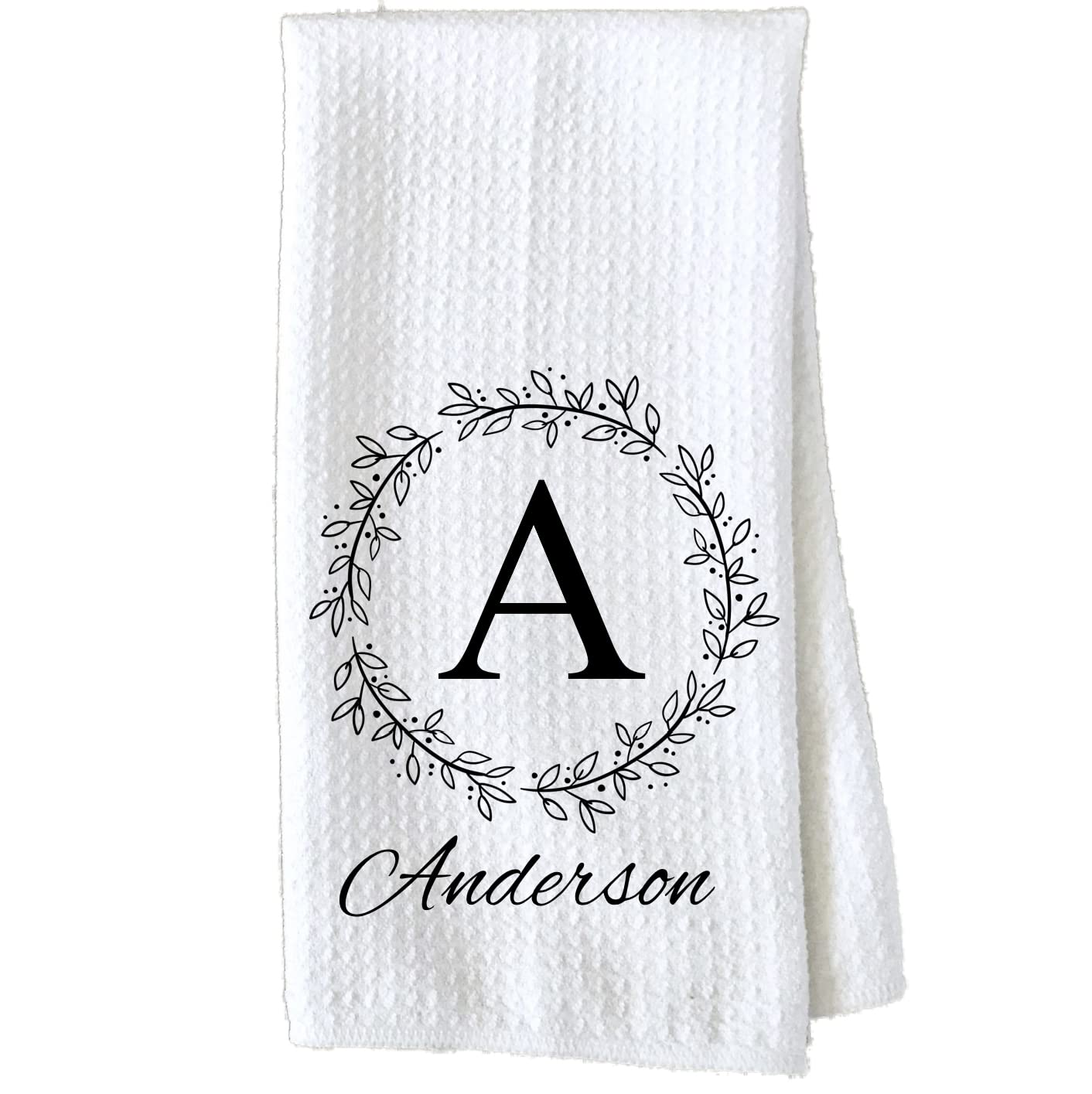 Custom Monogram Kitchen Towel with Wreath Design - Personalized Family Name Dish Towel for Kitchen Decor, Hand Towel & Housewarming Gift - Perfect for Everyday Use, Hosting, and Gifting