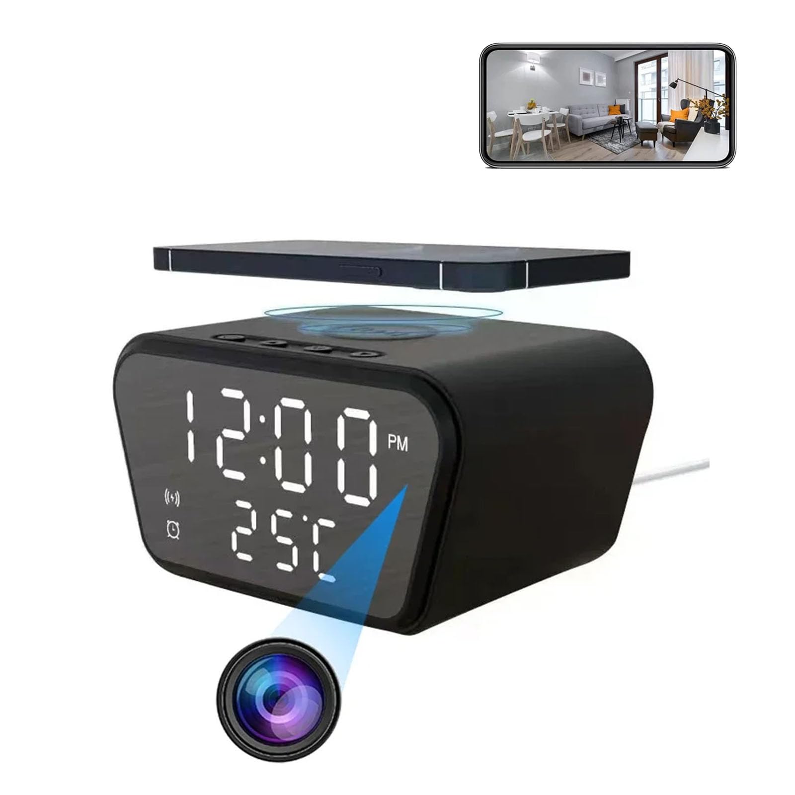 FKINGLRK Multifunctional LED Digital Alarm Clock with Wireless Charger & 1080P HD IP Camera - Home Security Surveillance, Bedroom Nightstand Companion, Office Desk Organizer