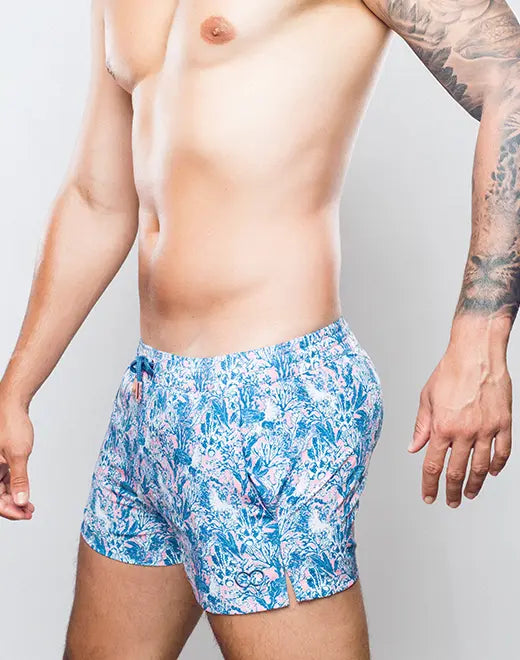 2Eros Men's Coral Print Swim Shorts - Quick-Dry Beach Swim Trunks with Comfortable Elastic Waistband - Perfect for Swimming, Surfing, and Summer Vacations