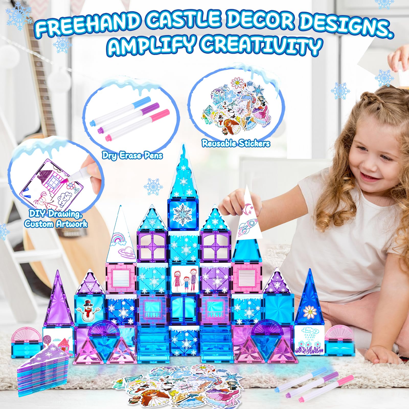 145pcs Frozen Castle Magnetic Tiles Set with Magnetic Doodle Kit - STEM Educational Toys for Girls Ages 3-12 | Includes Stairs, Dolls, Decals & Stickers | Perfect Birthday & Christmas Gift for 3-8 Year Old Girls | Creative Building & Drawing Play for Home & Classroom