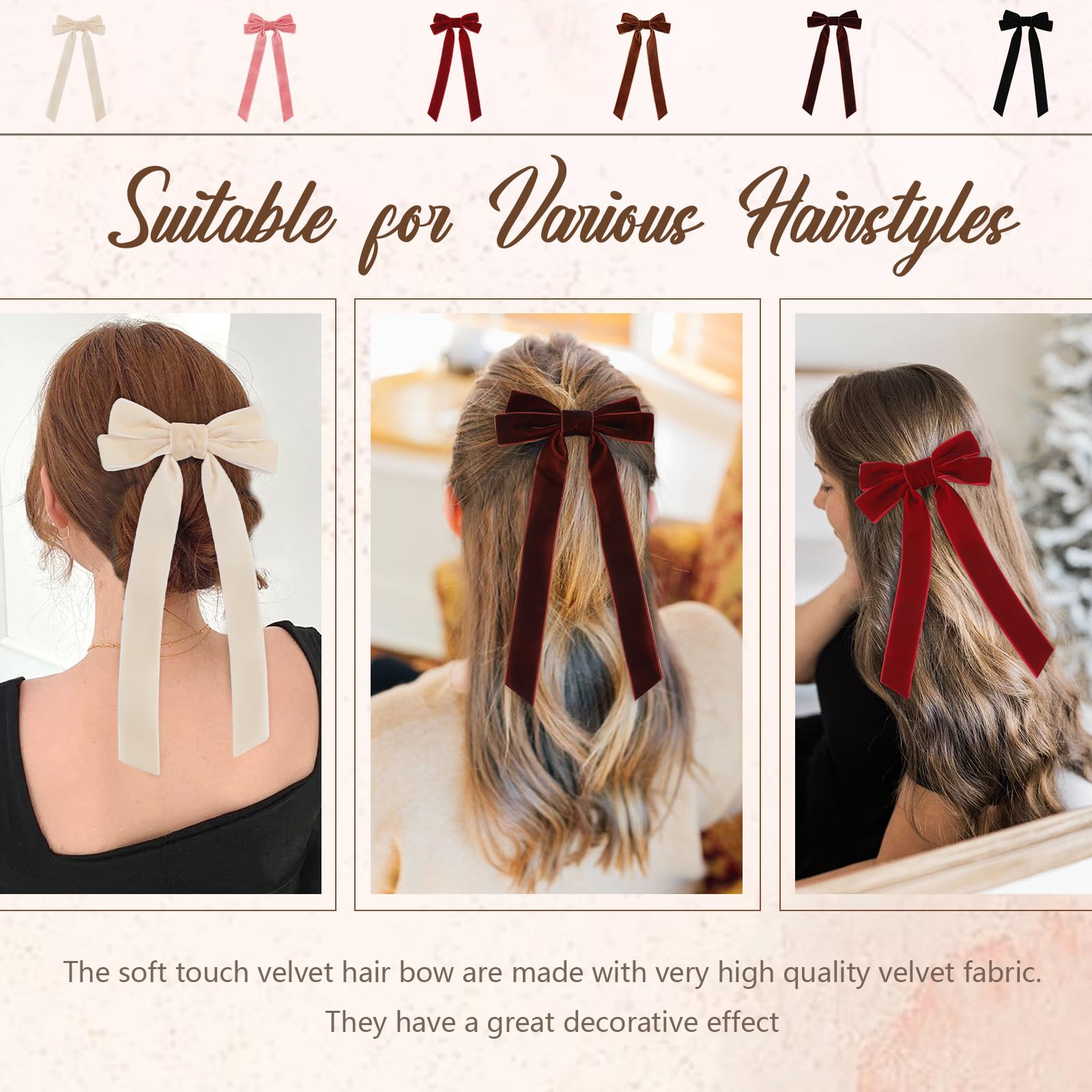 6PCS Velvet Hair Bows for Women & Girls - Long Tail Bow Hair Clips, Cute Hair Ribbon Barrettes & Ponytail Holders with Alligator Clips (Red) - Perfect for Parties, Weddings, School & Daily Fashion Accessories