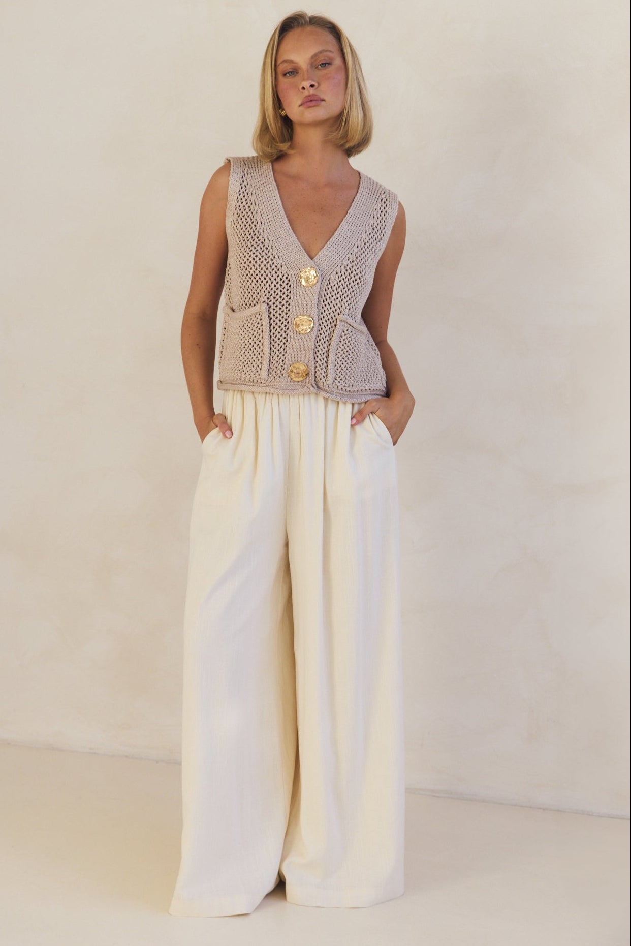 Elizabeth Knit Vest for Women - Soft Beige Cardigan Sweater | Casual Office Wear, Layering Piece, Fall & Winter Fashion