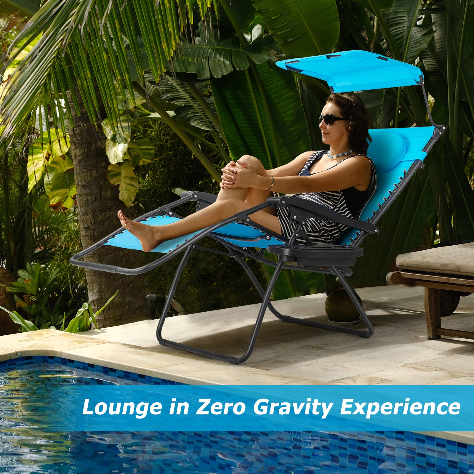 Moccha Zero Folding Gravity Recliner Lounger Chair with Adjustable Headrest & Lumbar Support - Patio Outdoor Lounge Chair with Shade Canopy & Locking System (Blue) - Perfect for Backyard, Poolside, Beach & Camping Relaxation