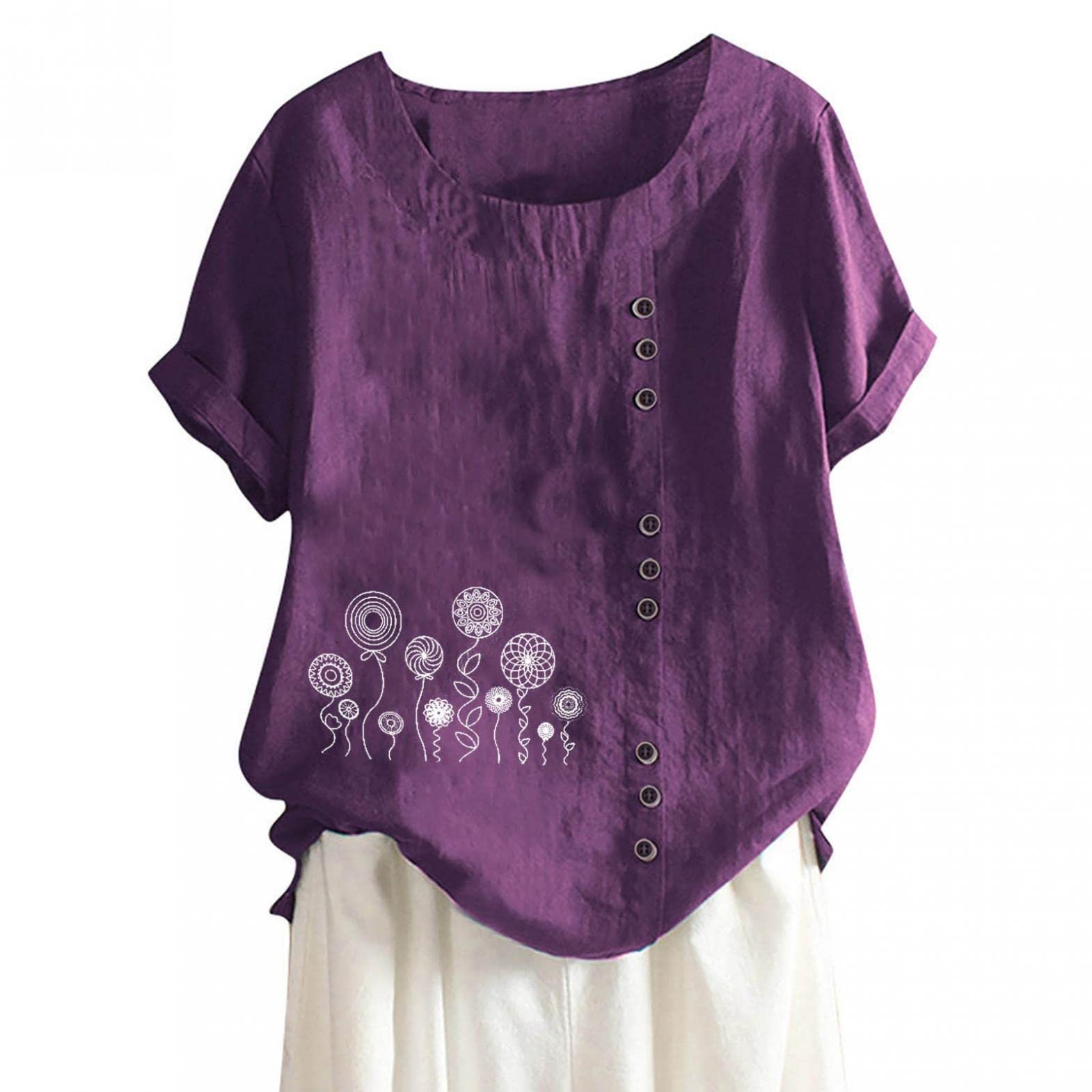 Women's Floral Graphic Short Sleeve Cotton Linen T-Shirt - Casual Boatneck Summer Top for Beach, Travel & Everyday Wear