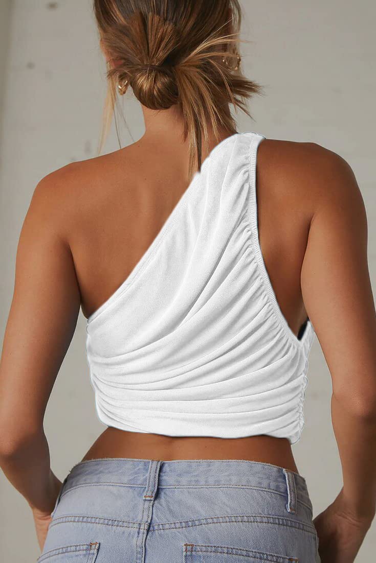 CHYRII Women's Sexy Sparkly One Shoulder Crop Top - Sleeveless Ruched Tank Top for Party, Club, Night Out & Summer Fashion