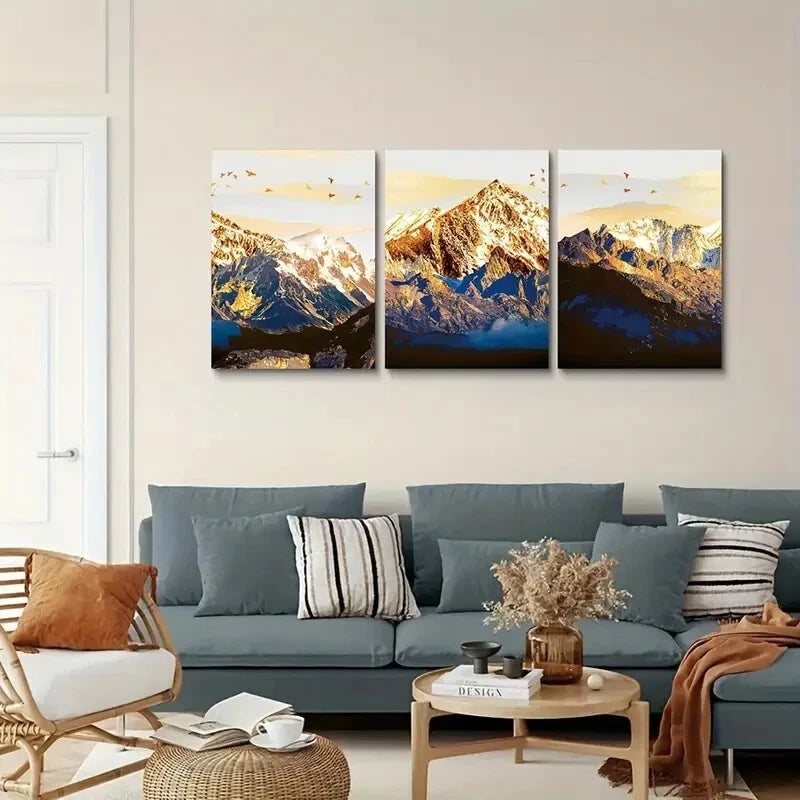3Pcs Golden Mountain and Bird Flock Metal Wall Art - Ready to Hang Landscape Decor for Living Room, Bedroom & Office