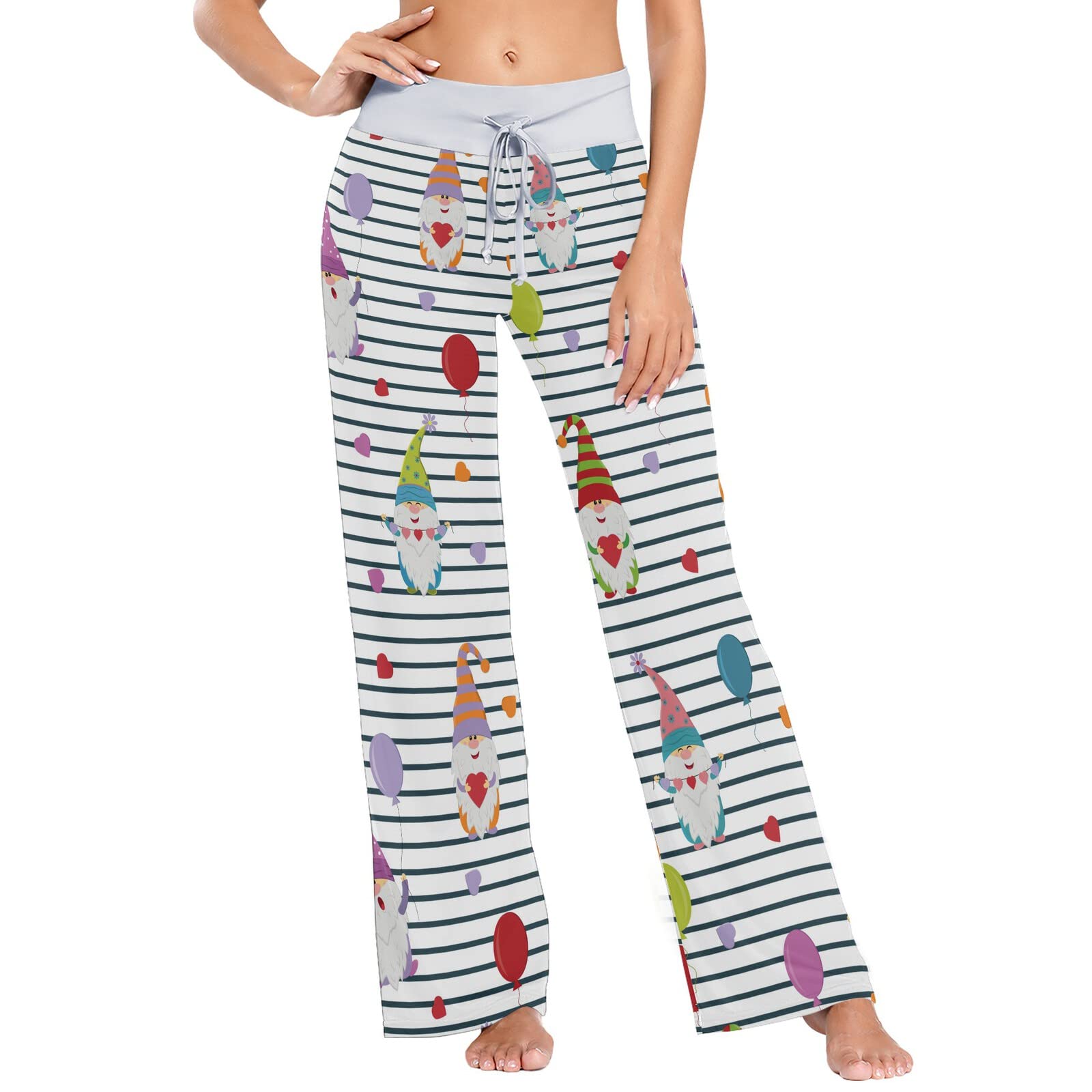 Gnome Balloons Hearts Stripe Women's Pajama Pants - Soft Stretchy Long Sleepwear Bottoms with Elastic Waistband - Perfect for Christmas Gifts, Loungewear & Cozy Nights at Home