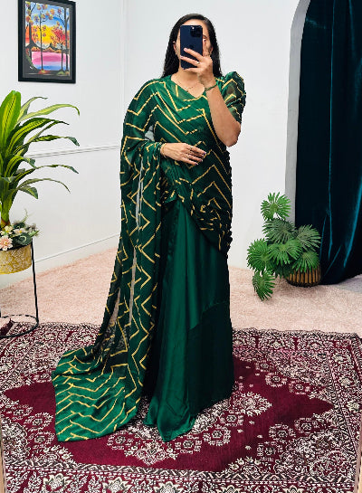 Elegant Green Foil Work Ethnic Ready-to-Wear Saree Gown for Women | UK Next Day Delivery | Perfect for Weddings, Parties & Festive Occasions