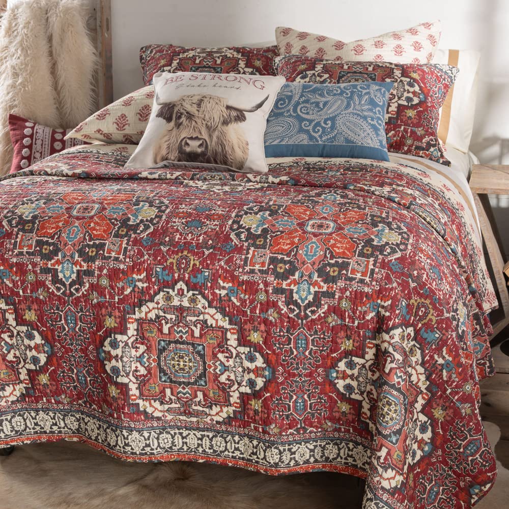 Southwest Medallion Kilim King Quilt - 106x92 Inch Reversible Cotton Bedspread in Red, Blue, Rust, Gray & Taupe - Perfect for Southwestern & Boho Home Decor, Guest Bedrooms & Ranch Style Houses