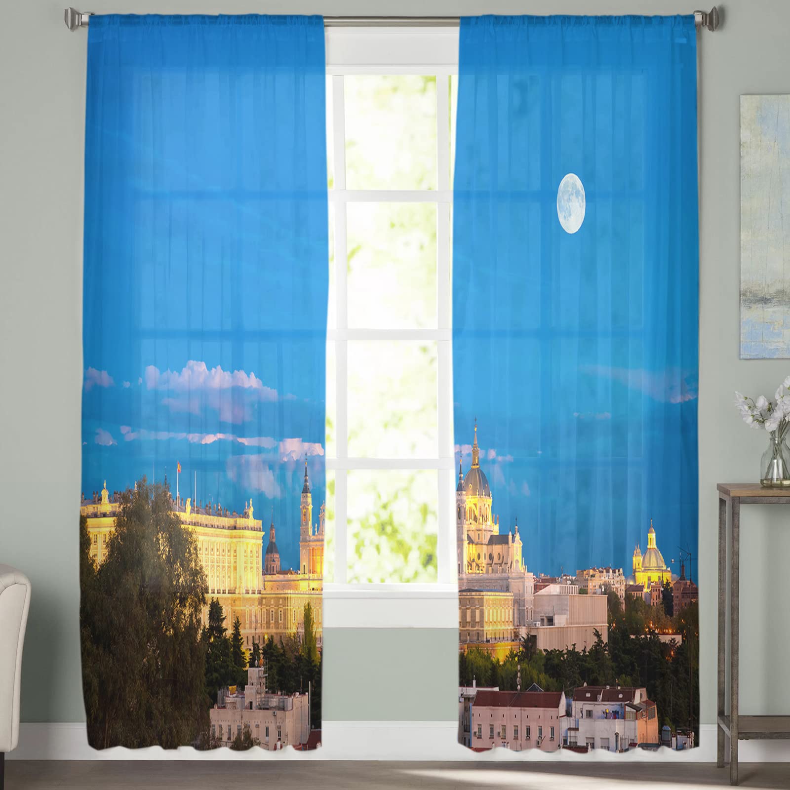 Madrid Nightscape Sky City Palace Lights Moon Sheer Voile Curtains - 2 Panels 52x63 Inch, Rod Pocket Window Treatments for Bedroom, Living Room & Kitchen - Light Filtering Boho Drapes for Home Decor