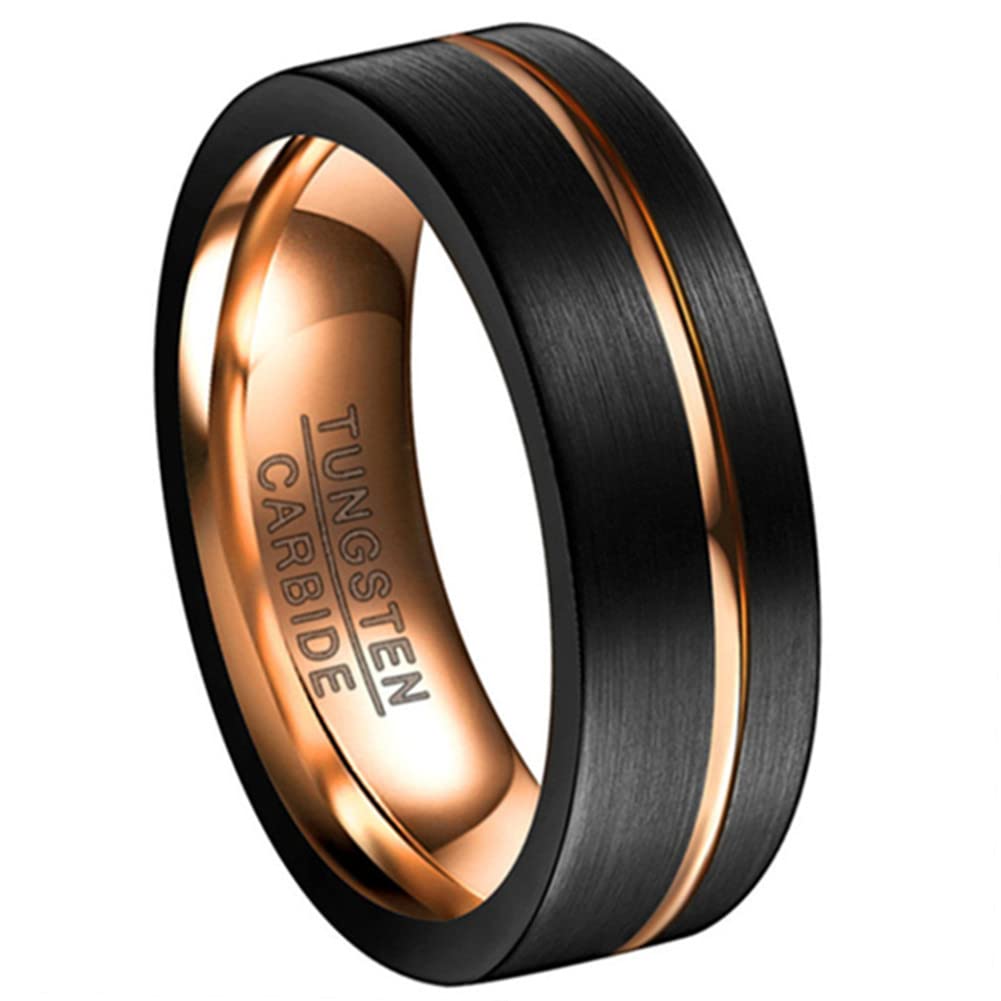8mm Tungsten Wedding Rings for Men - Rose Gold, Blue Grooved, Black & Brown Two Tone Bands (Size 5-14) | Durable Mens Jewelry for Engagement, Anniversary & Daily Wear
